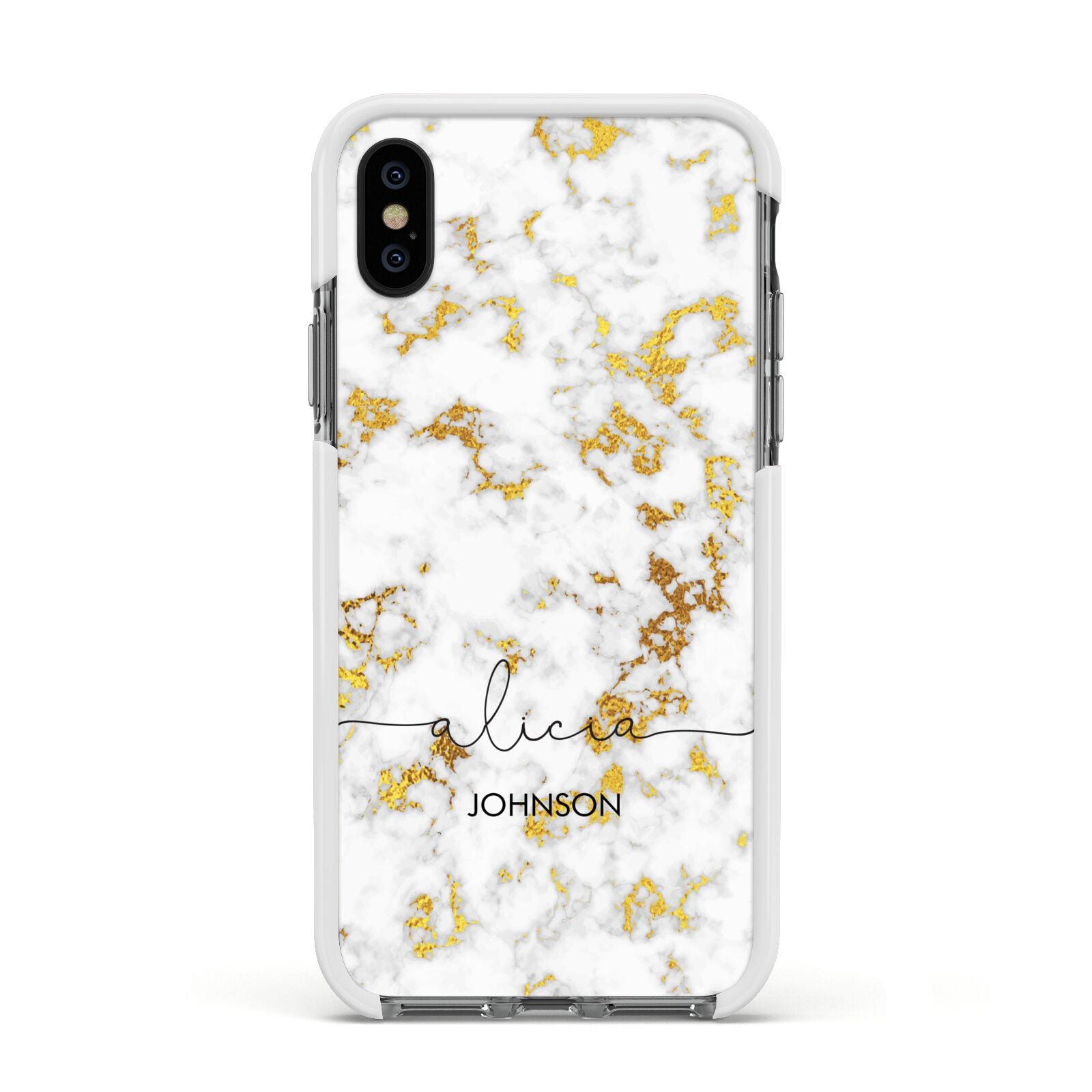 White Gold Personalised Marble Text Apple iPhone Xs Impact Case White Edge on Black Phone