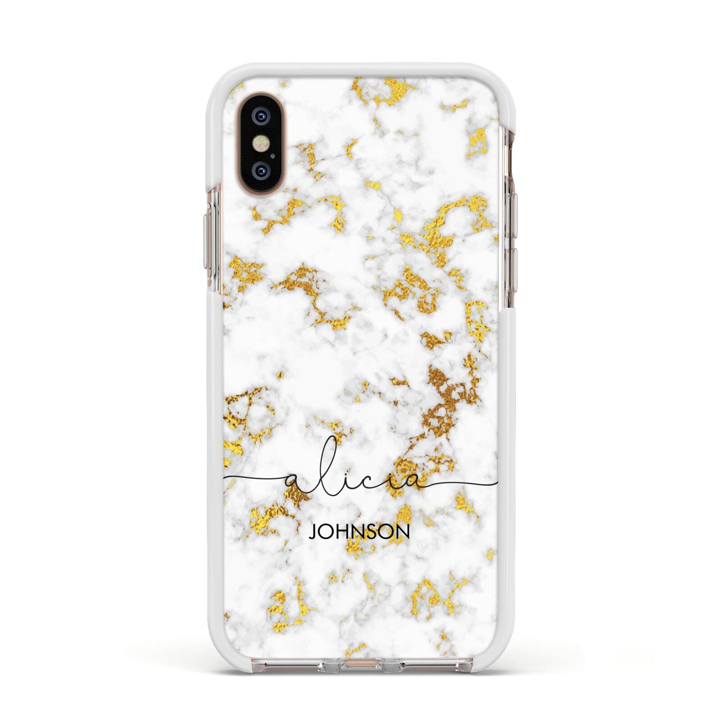 White Gold Personalised Marble Text Apple iPhone Xs Impact Case White Edge on Gold Phone