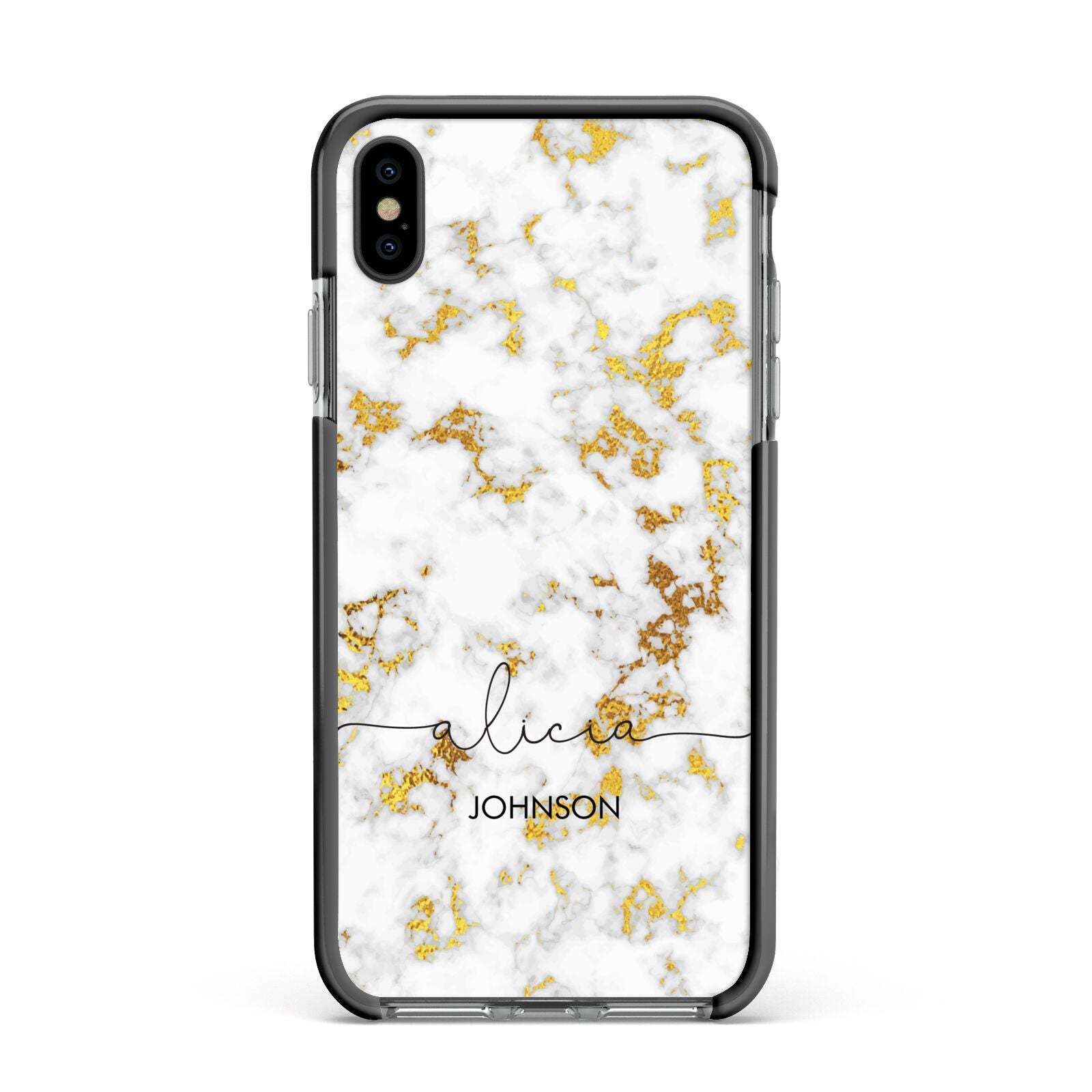 White Gold Personalised Marble Text Apple iPhone Xs Max Impact Case Black Edge on Black Phone