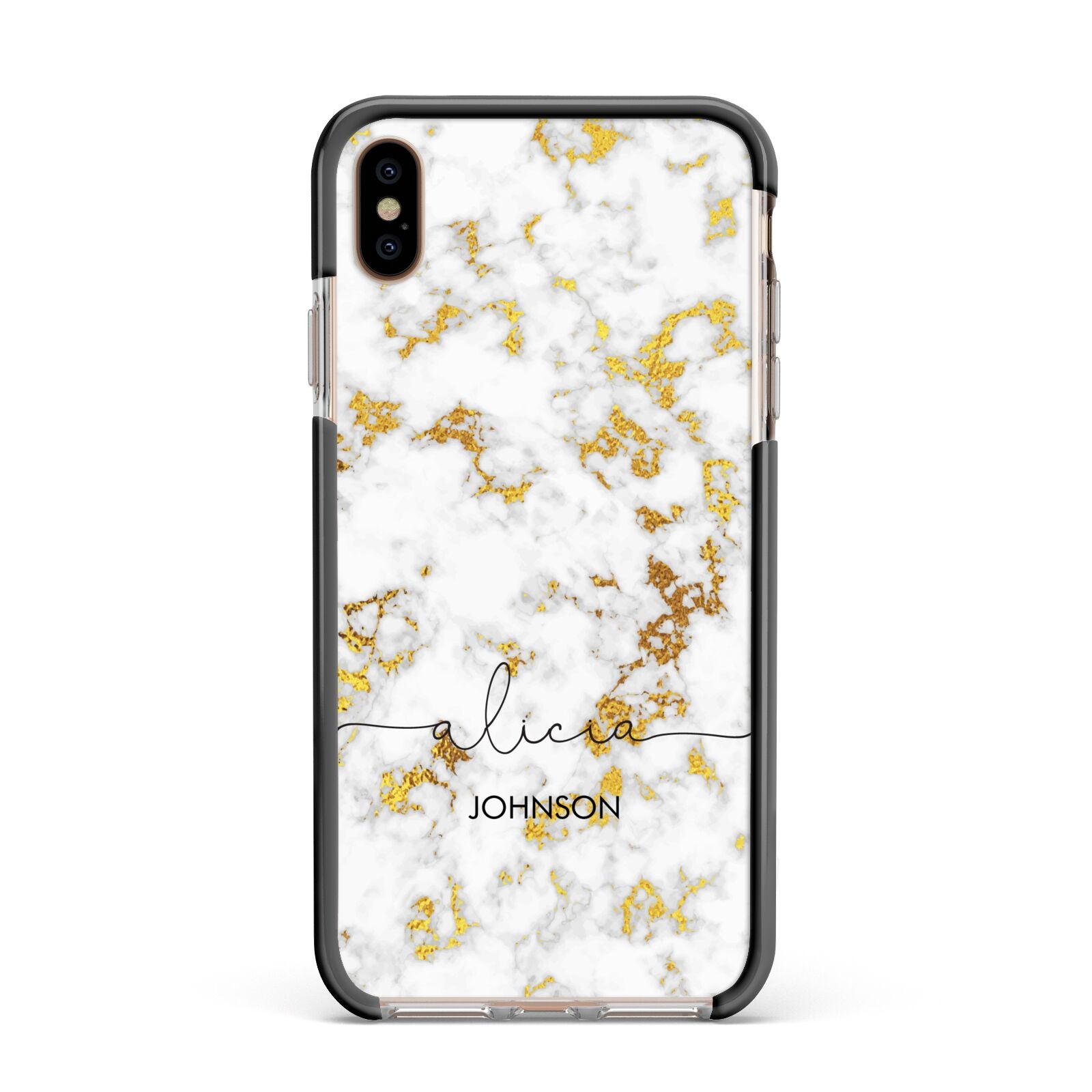 White Gold Personalised Marble Text Apple iPhone Xs Max Impact Case Black Edge on Gold Phone