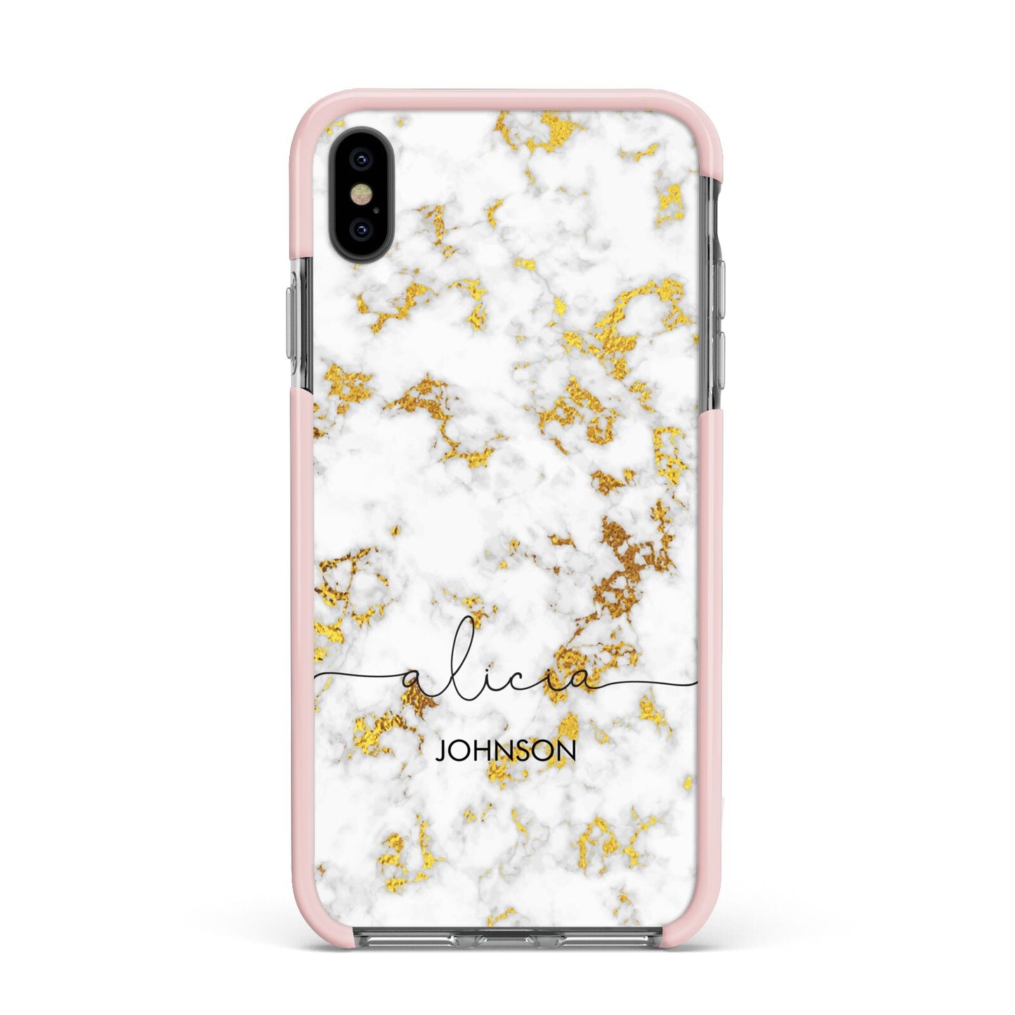 White Gold Personalised Marble Text Apple iPhone Xs Max Impact Case Pink Edge on Black Phone