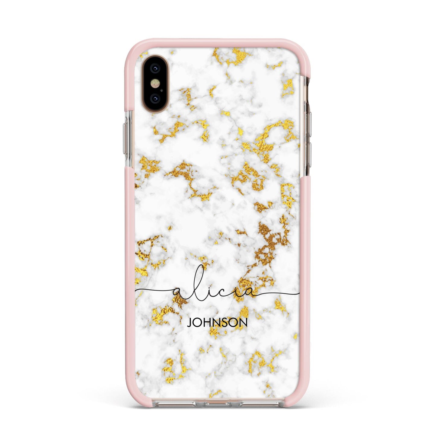 White Gold Personalised Marble Text Apple iPhone Xs Max Impact Case Pink Edge on Gold Phone