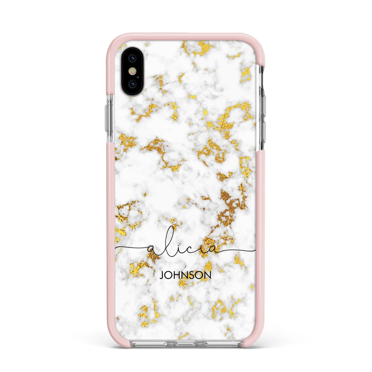 White Gold Personalised Marble Text Apple iPhone Xs Max Impact Case Pink Edge on Silver Phone