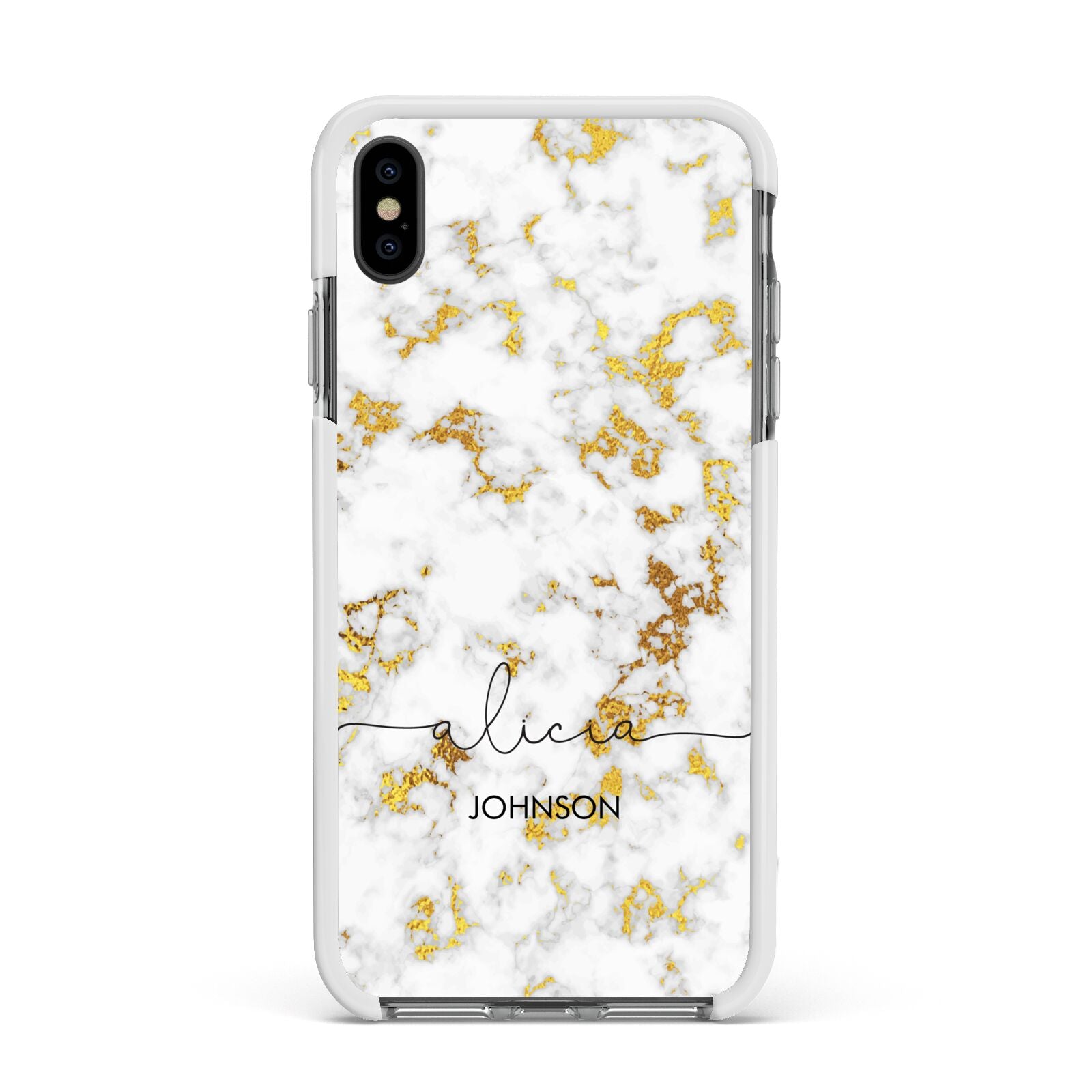 White Gold Personalised Marble Text Apple iPhone Xs Max Impact Case White Edge on Black Phone