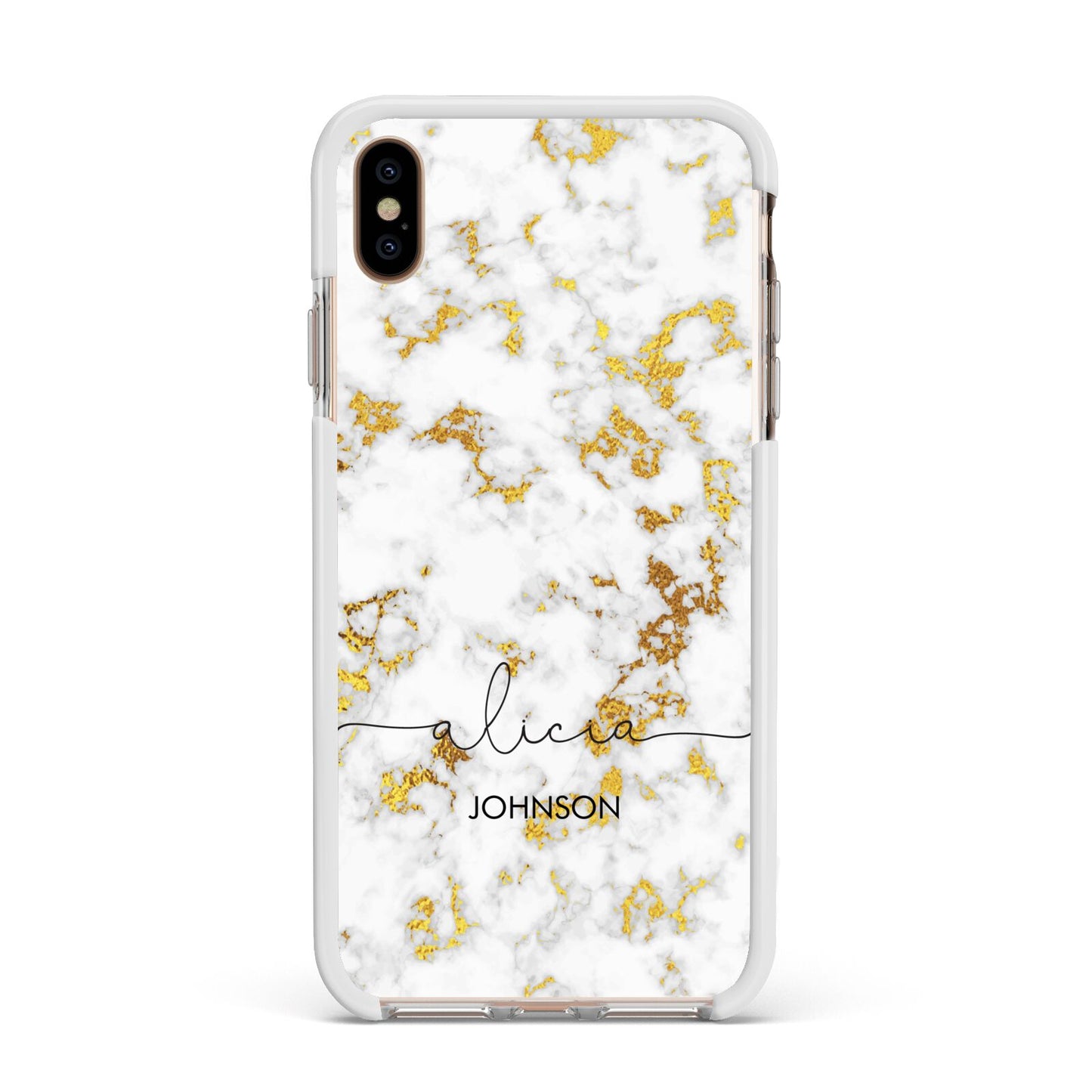 White Gold Personalised Marble Text Apple iPhone Xs Max Impact Case White Edge on Gold Phone