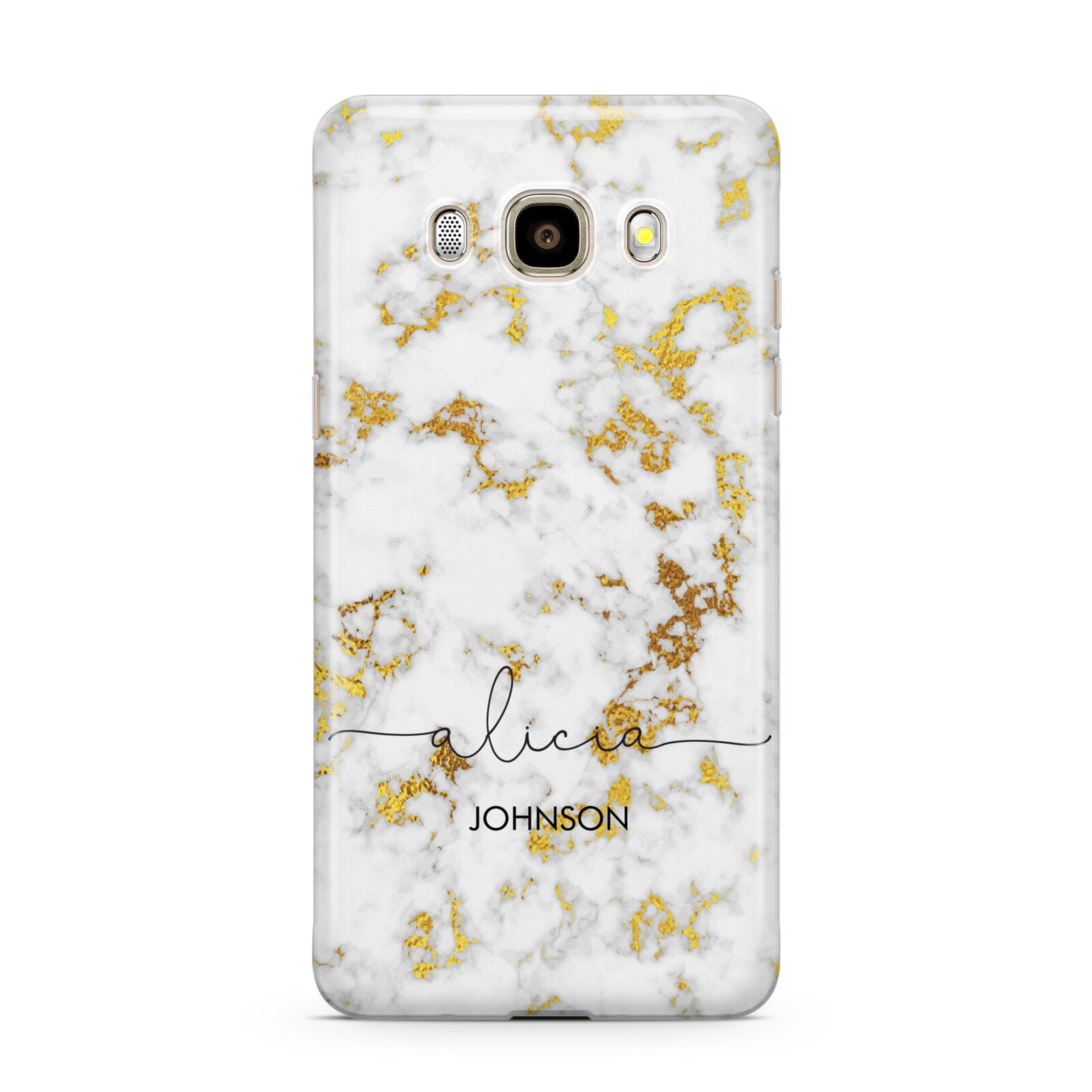 White Gold Personalised Marble Text Samsung Galaxy J7 2016 Case on gold phone