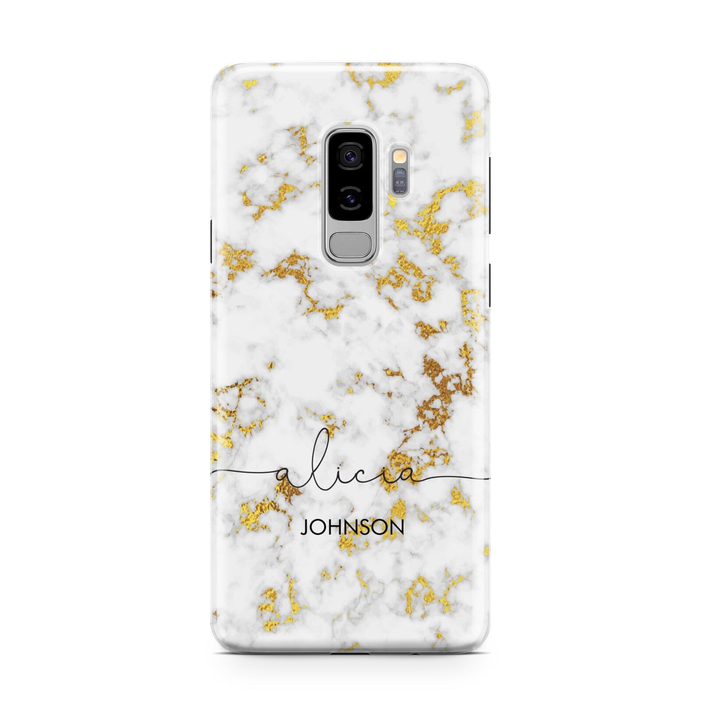 White Gold Personalised Marble Text Samsung Galaxy S9 Plus Case on Silver phone