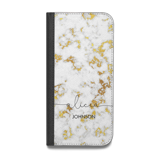 White Gold Personalised Marble Text Vegan Leather Flip iPhone Case