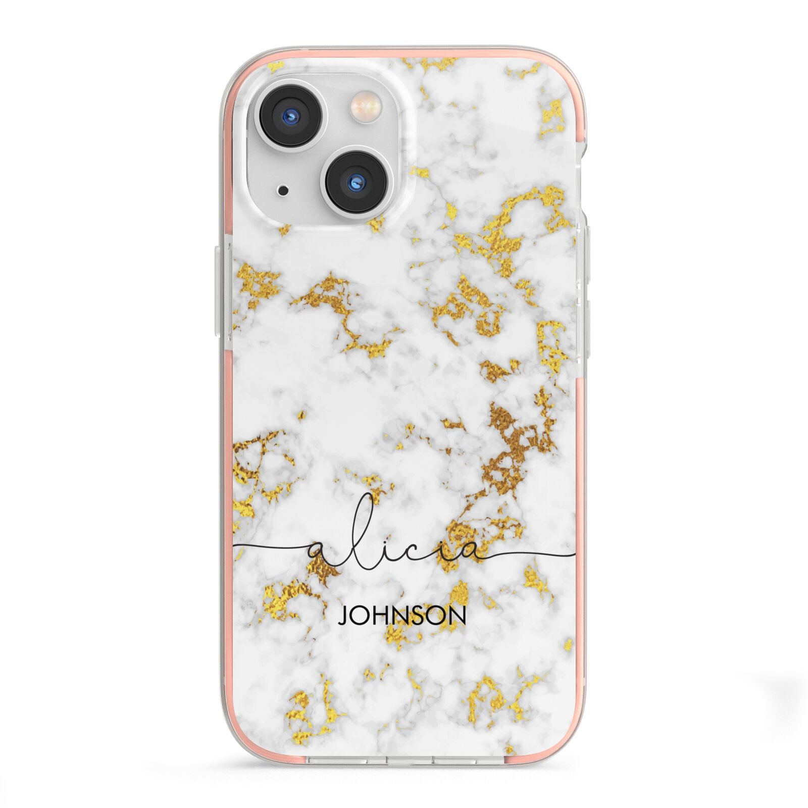 White Gold Personalised Marble Text iPhone 13 Mini TPU Impact Case with Pink Edges
