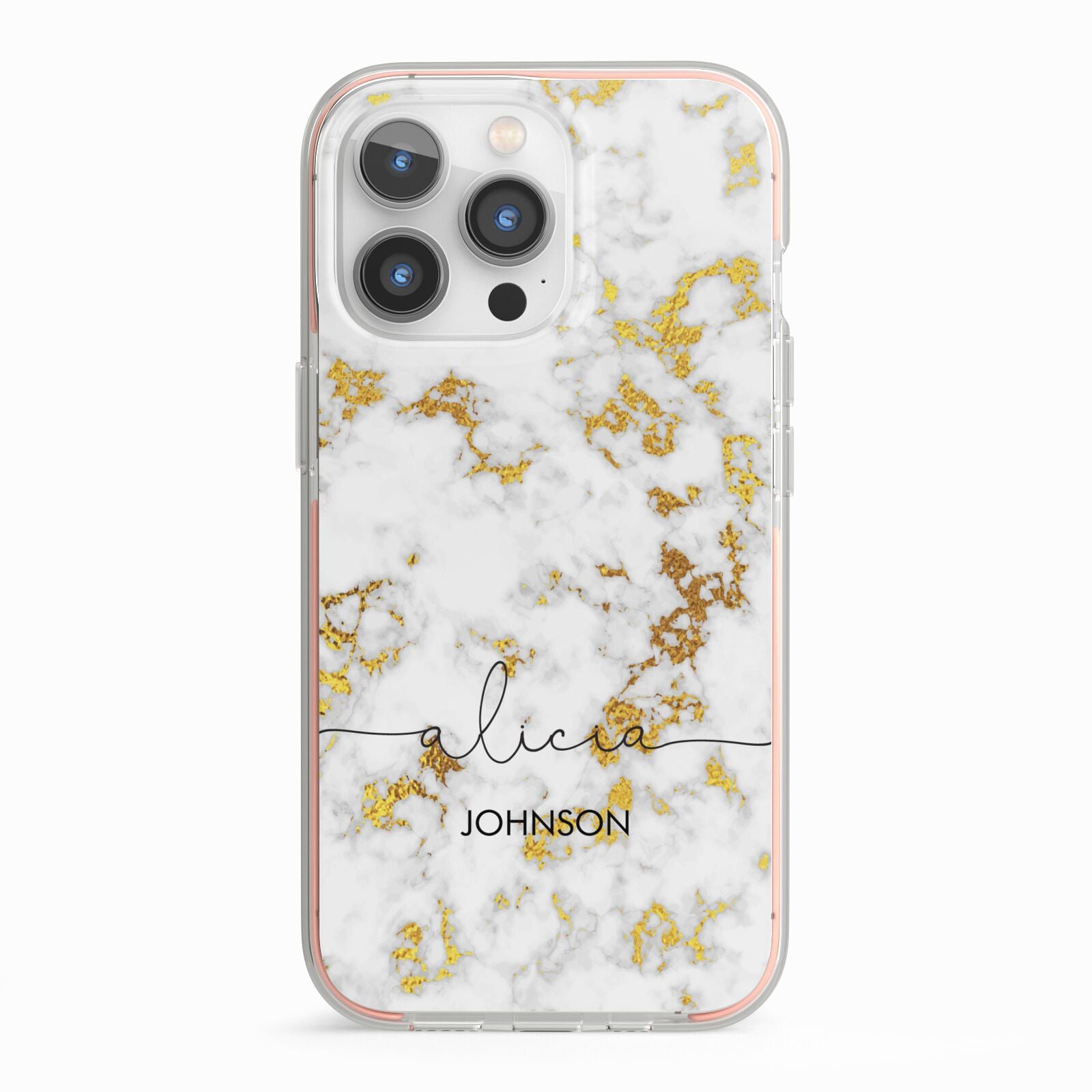 White Gold Personalised Marble Text iPhone 13 Pro TPU Impact Case with Pink Edges