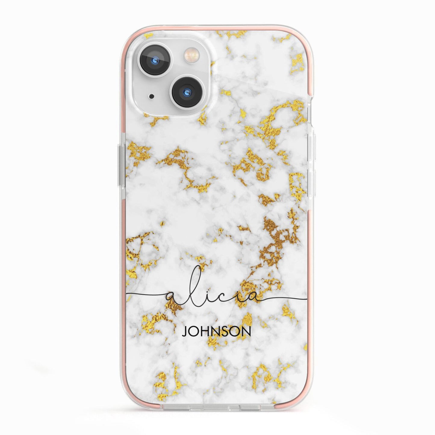 White Gold Personalised Marble Text iPhone 13 TPU Impact Case with Pink Edges