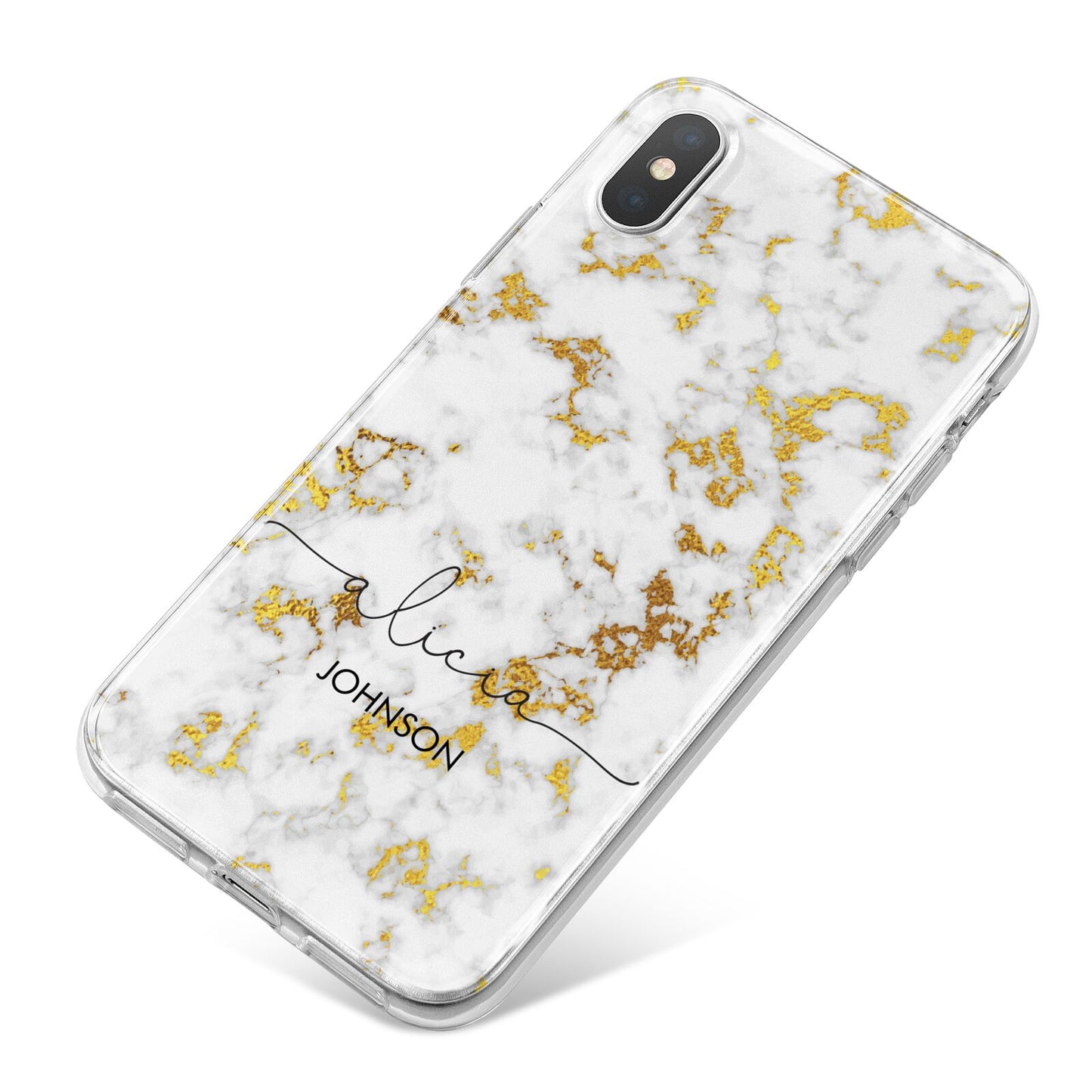 White Gold Personalised Marble Text iPhone X Bumper Case on Silver iPhone