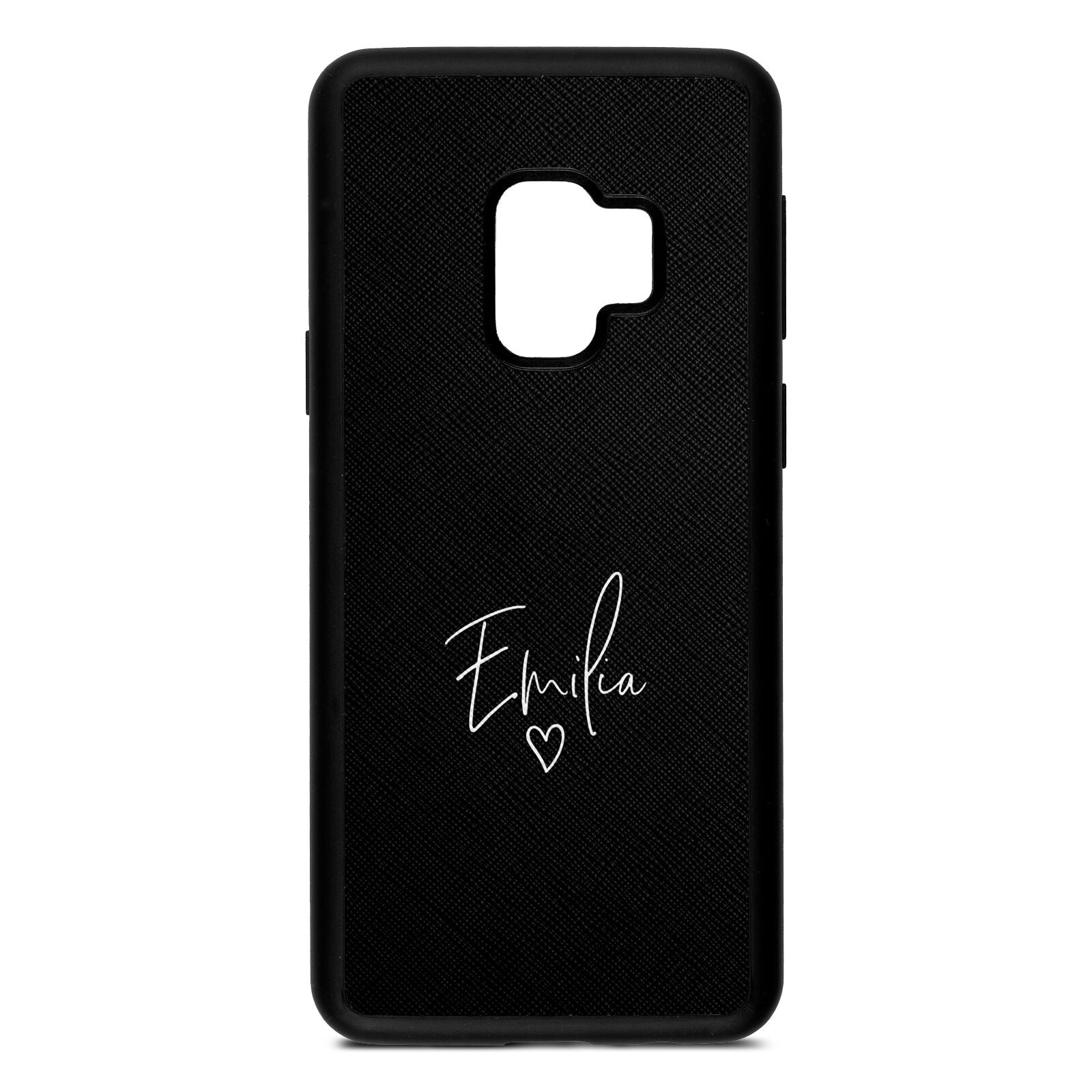 White Handwritten Name Transparent Black Saffiano Leather Samsung S9 Case