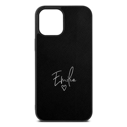 White Handwritten Name Transparent Black Saffiano Leather iPhone 12 Pro Max Case