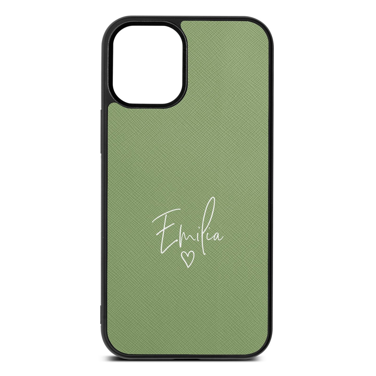 White Handwritten Name Transparent Lime Saffiano Leather iPhone 12 Mini Case