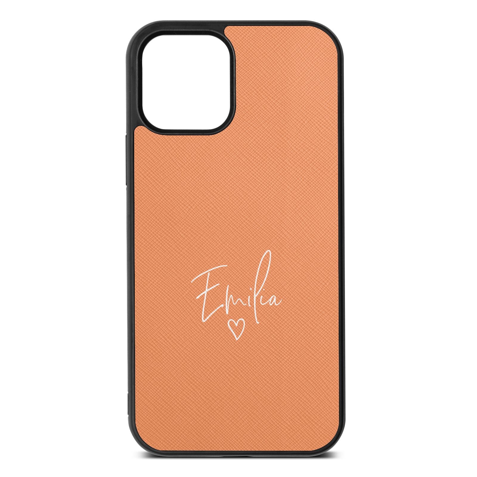 White Handwritten Name Transparent Orange Saffiano Leather iPhone 12 Case