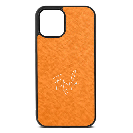 White Handwritten Name Transparent Saffron Saffiano Leather iPhone 12 Case