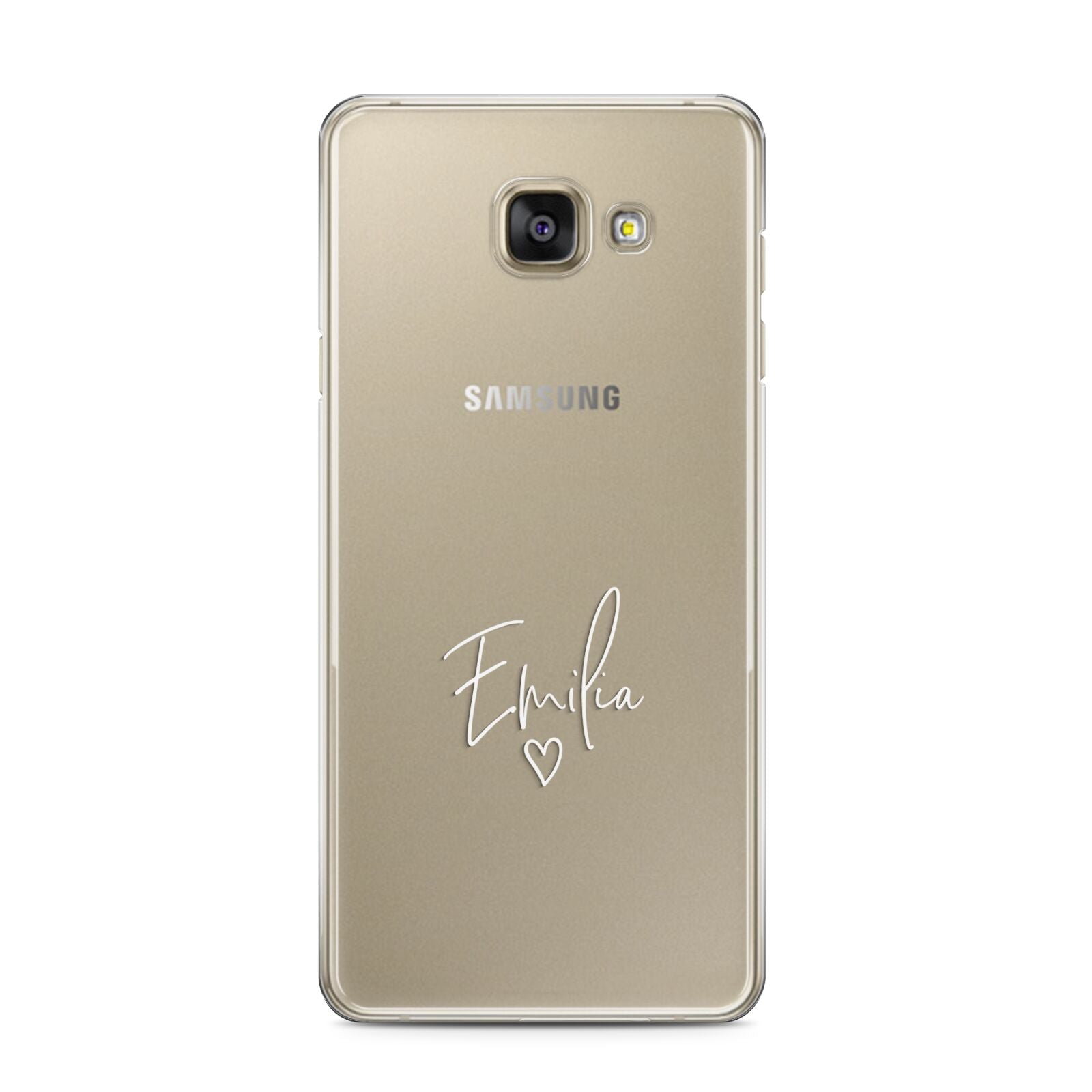 White Handwritten Name Transparent Samsung Galaxy A3 2016 Case on gold phone