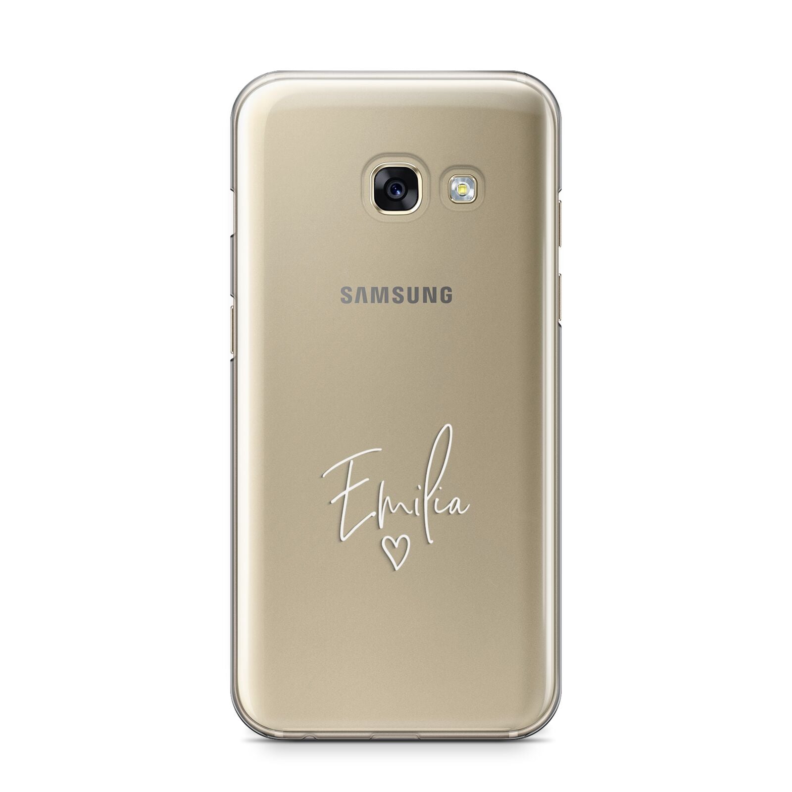 White Handwritten Name Transparent Samsung Galaxy A3 2017 Case on gold phone