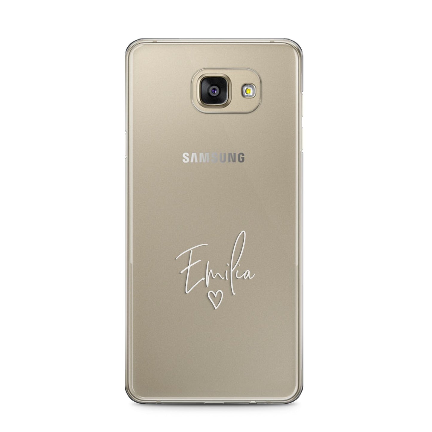 White Handwritten Name Transparent Samsung Galaxy A5 2016 Case on gold phone