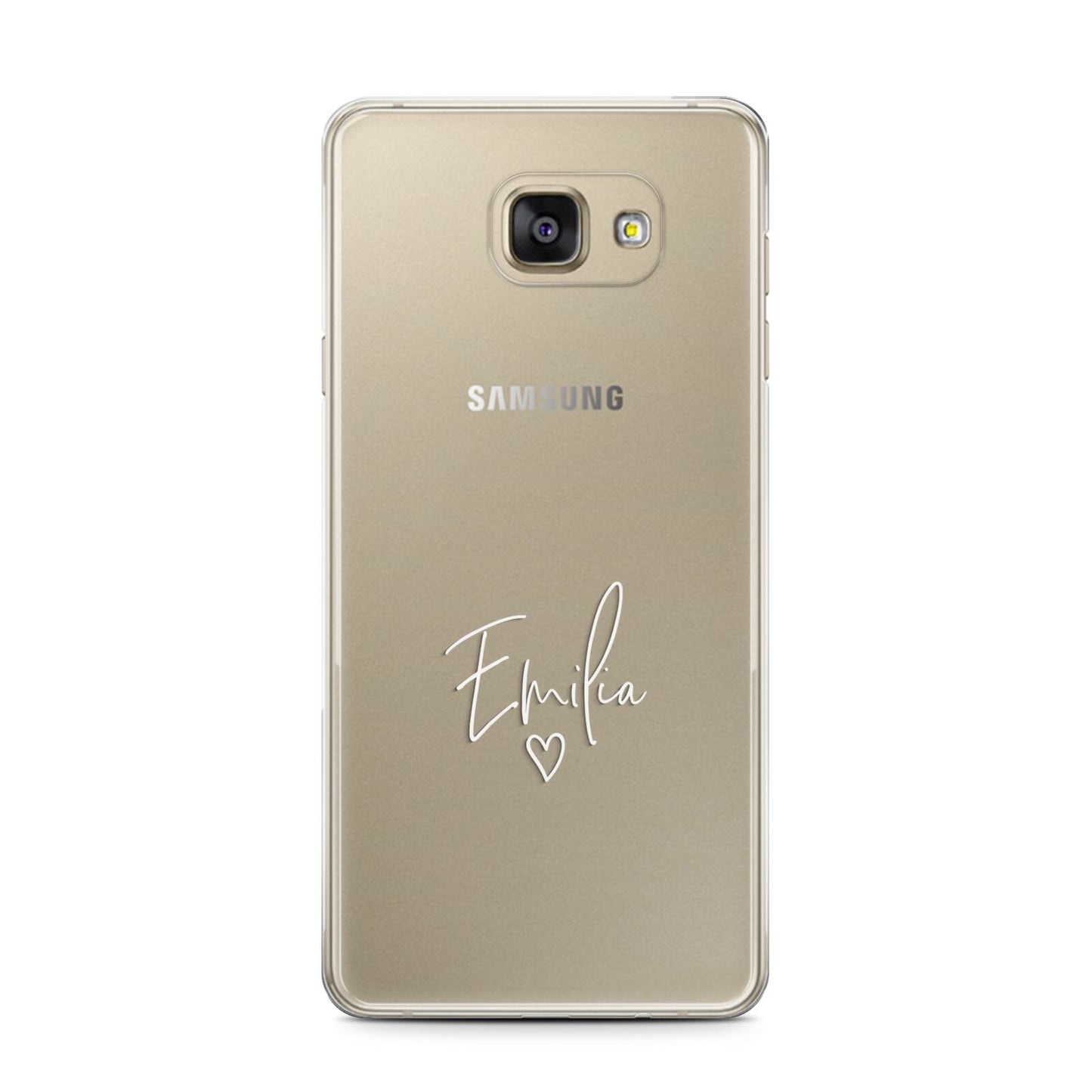 White Handwritten Name Transparent Samsung Galaxy A7 2016 Case on gold phone