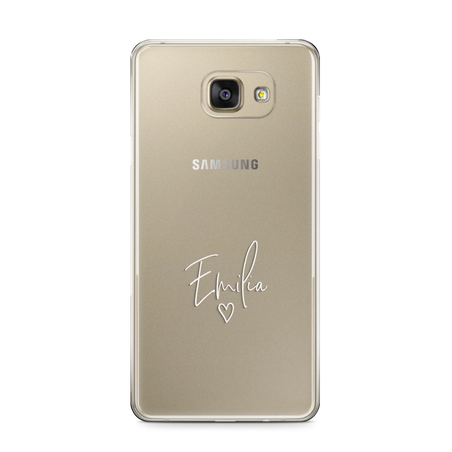 White Handwritten Name Transparent Samsung Galaxy A9 2016 Case on gold phone