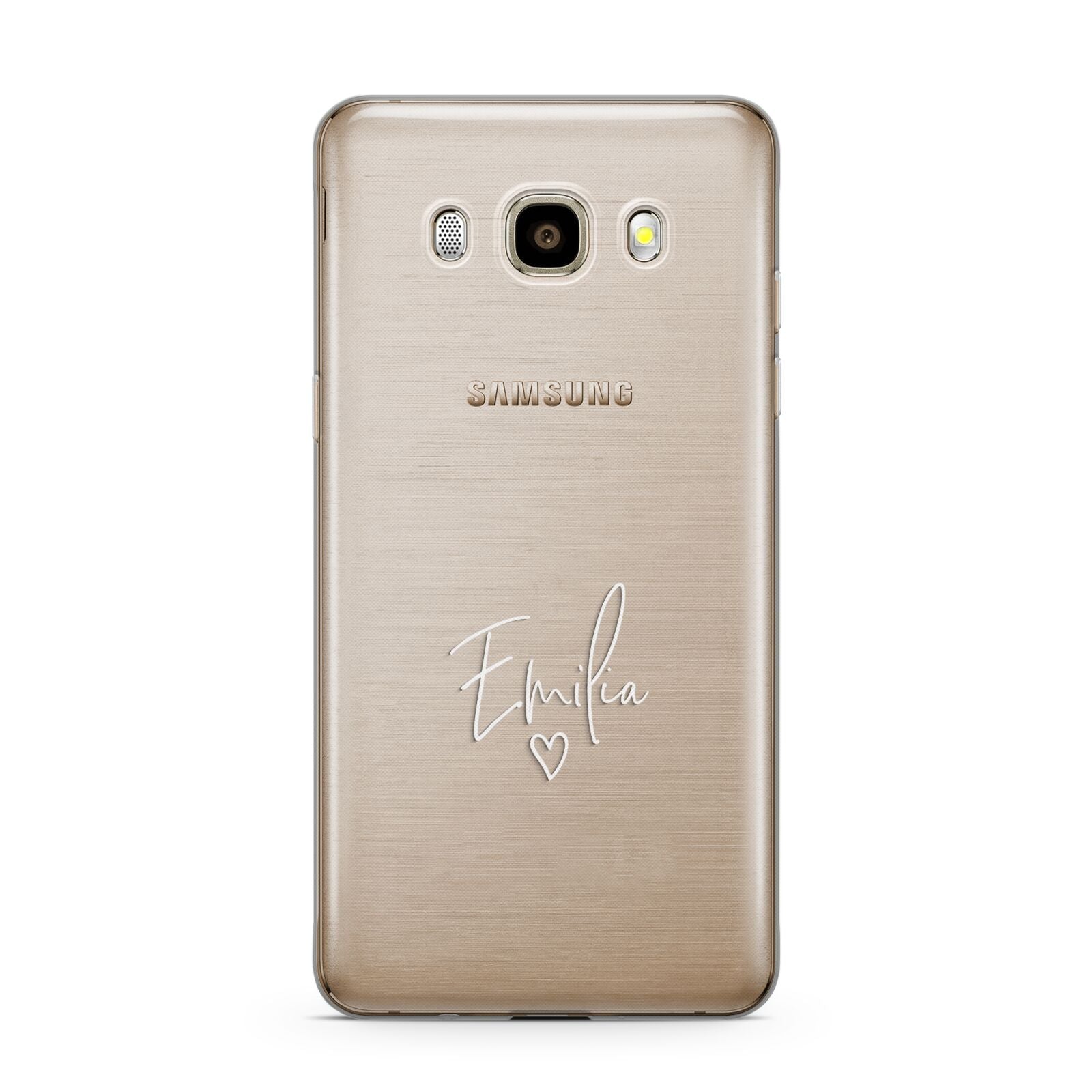 White Handwritten Name Transparent Samsung Galaxy J7 2016 Case on gold phone