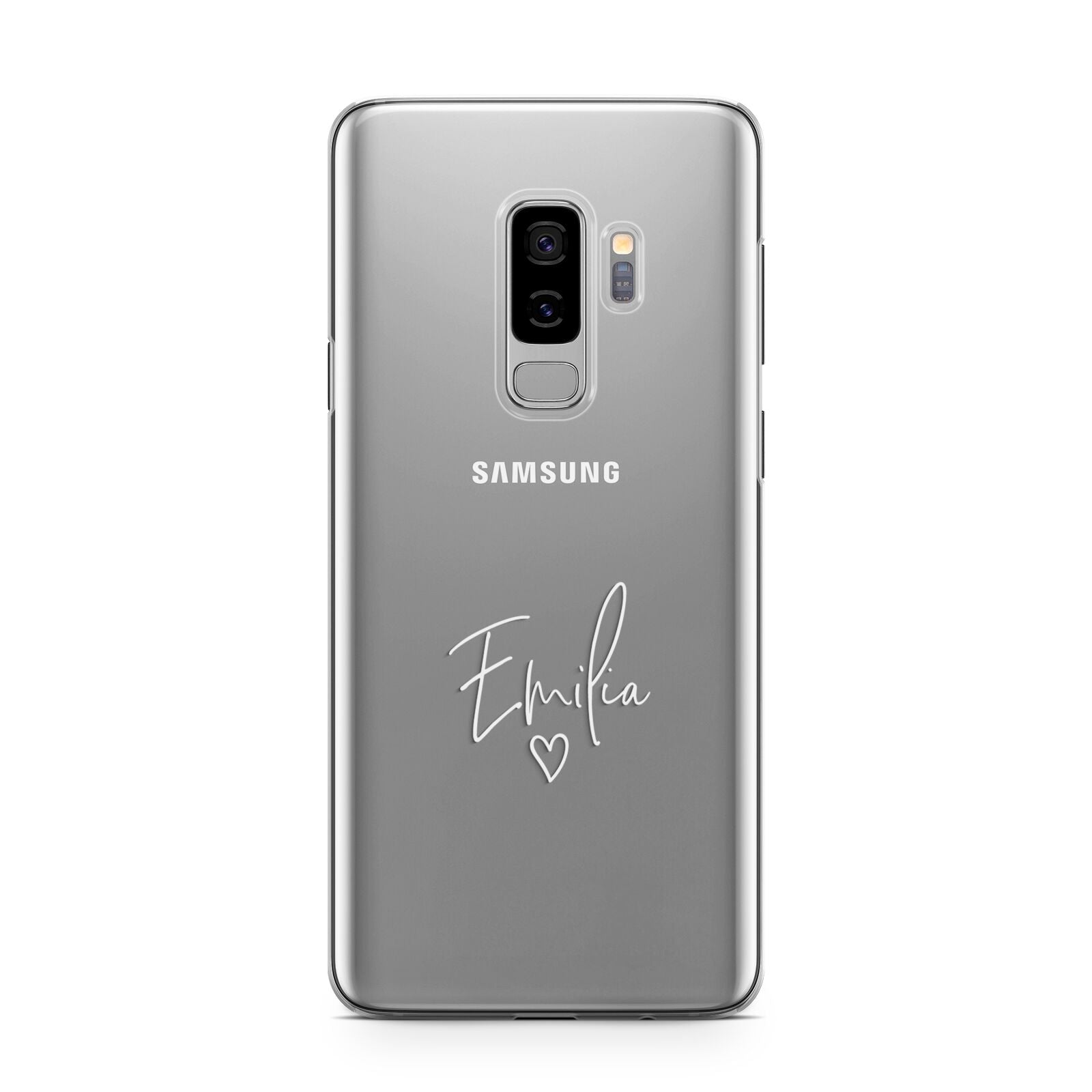 White Handwritten Name Transparent Samsung Galaxy S9 Plus Case on Silver phone