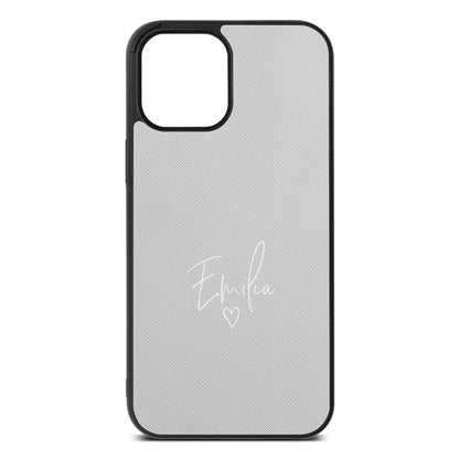 White Handwritten Name Transparent Silver Saffiano Leather iPhone 12 Pro Max Case