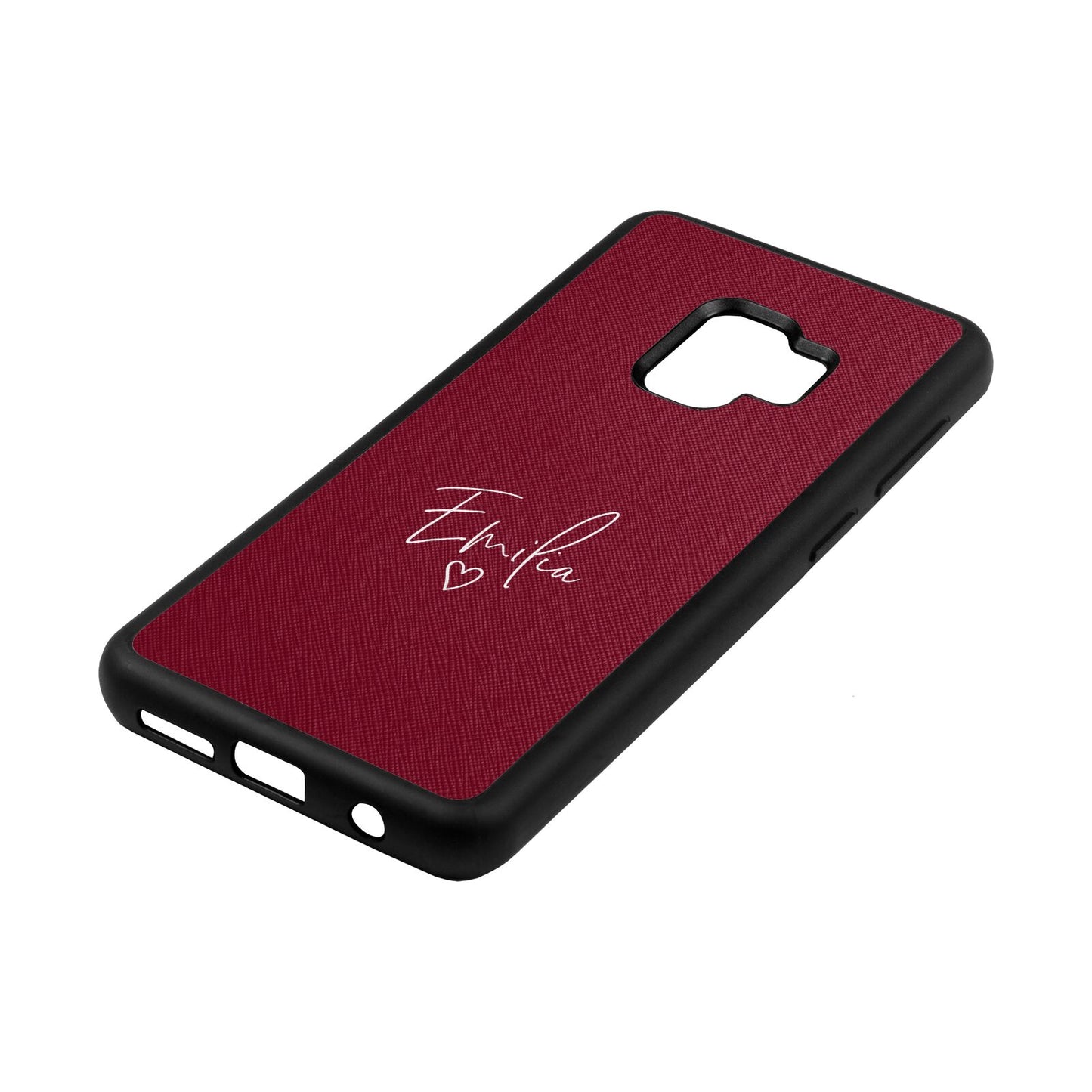 White Handwritten Name Transparent Wine Red Saffiano Leather Samsung S9 Case Side Angle