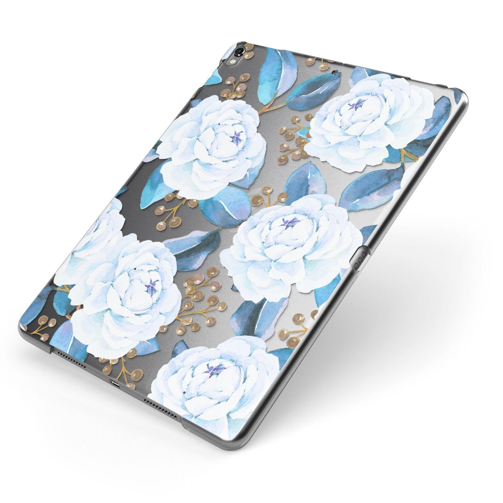 White Peonies Apple iPad Case on Grey iPad Side View