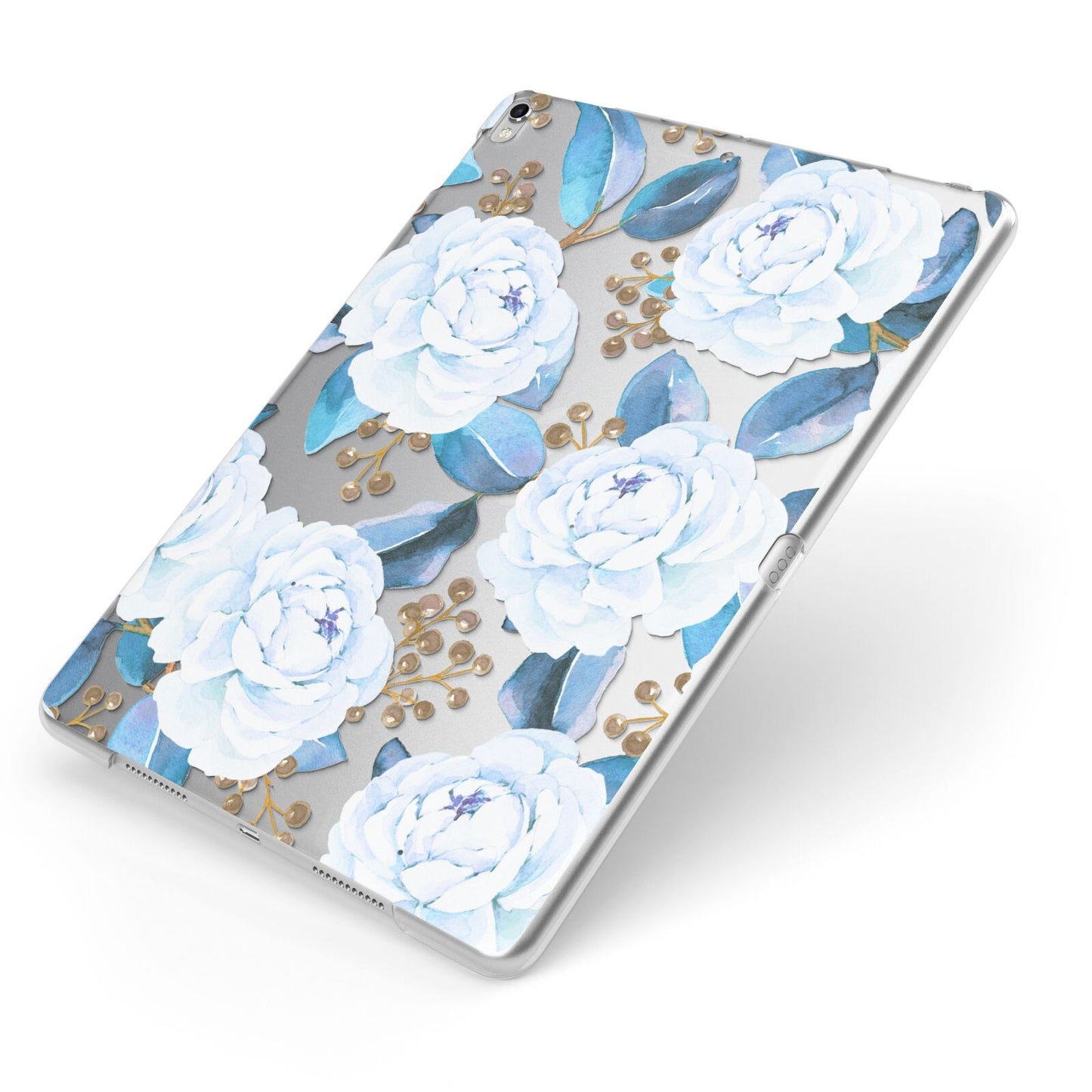 White Peonies Apple iPad Case on Silver iPad Side View