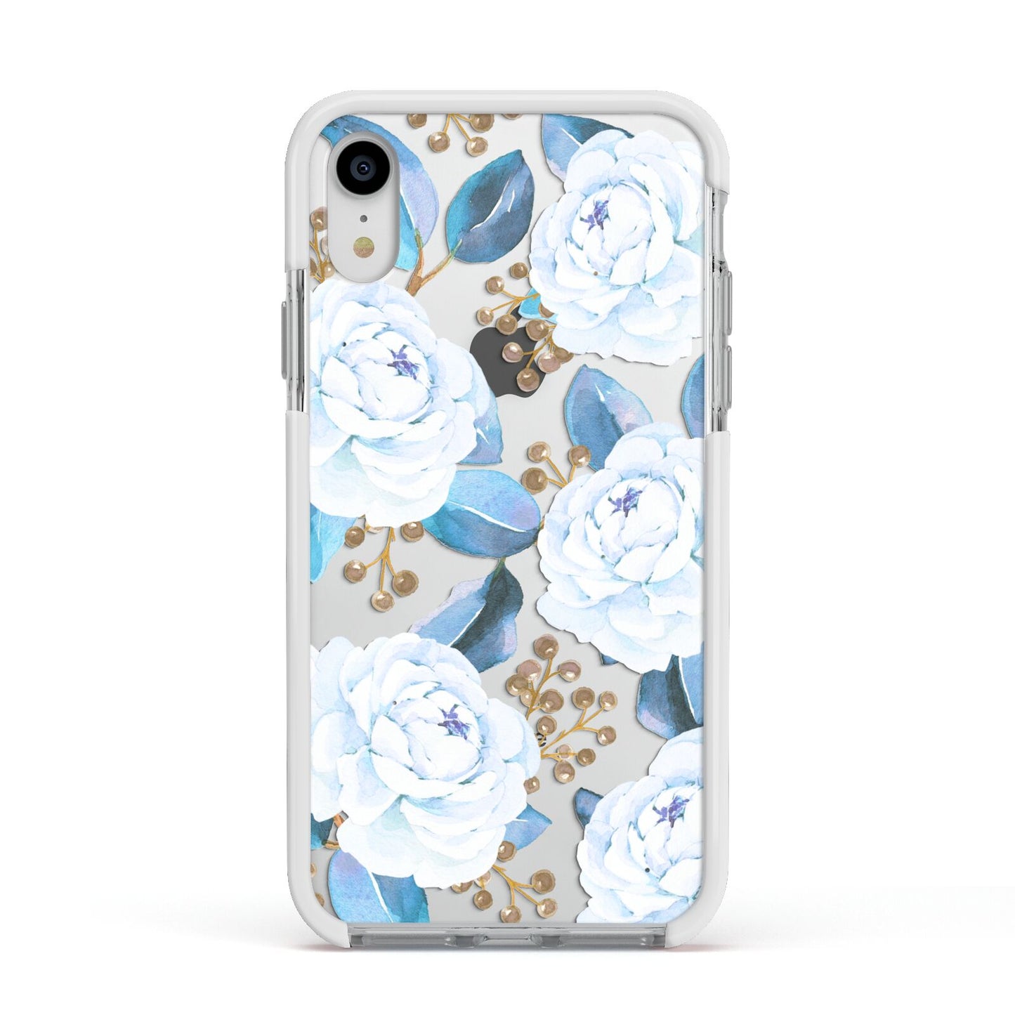 White Peonies Apple iPhone XR Impact Case White Edge on Silver Phone