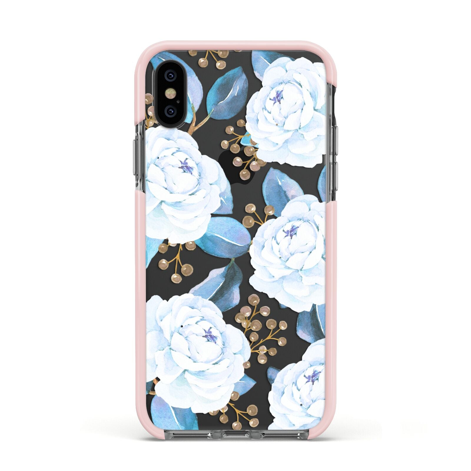 White Peonies Apple iPhone Xs Impact Case Pink Edge on Black Phone