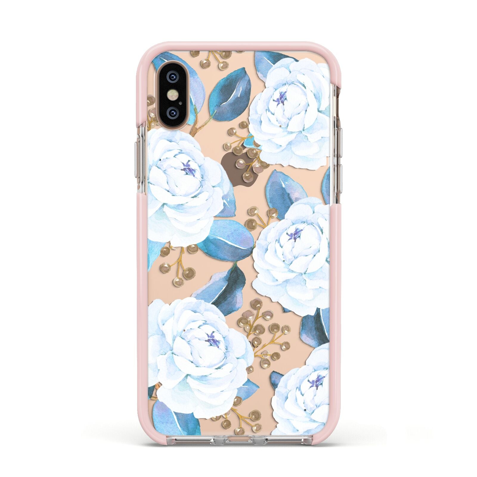 White Peonies Apple iPhone Xs Impact Case Pink Edge on Gold Phone