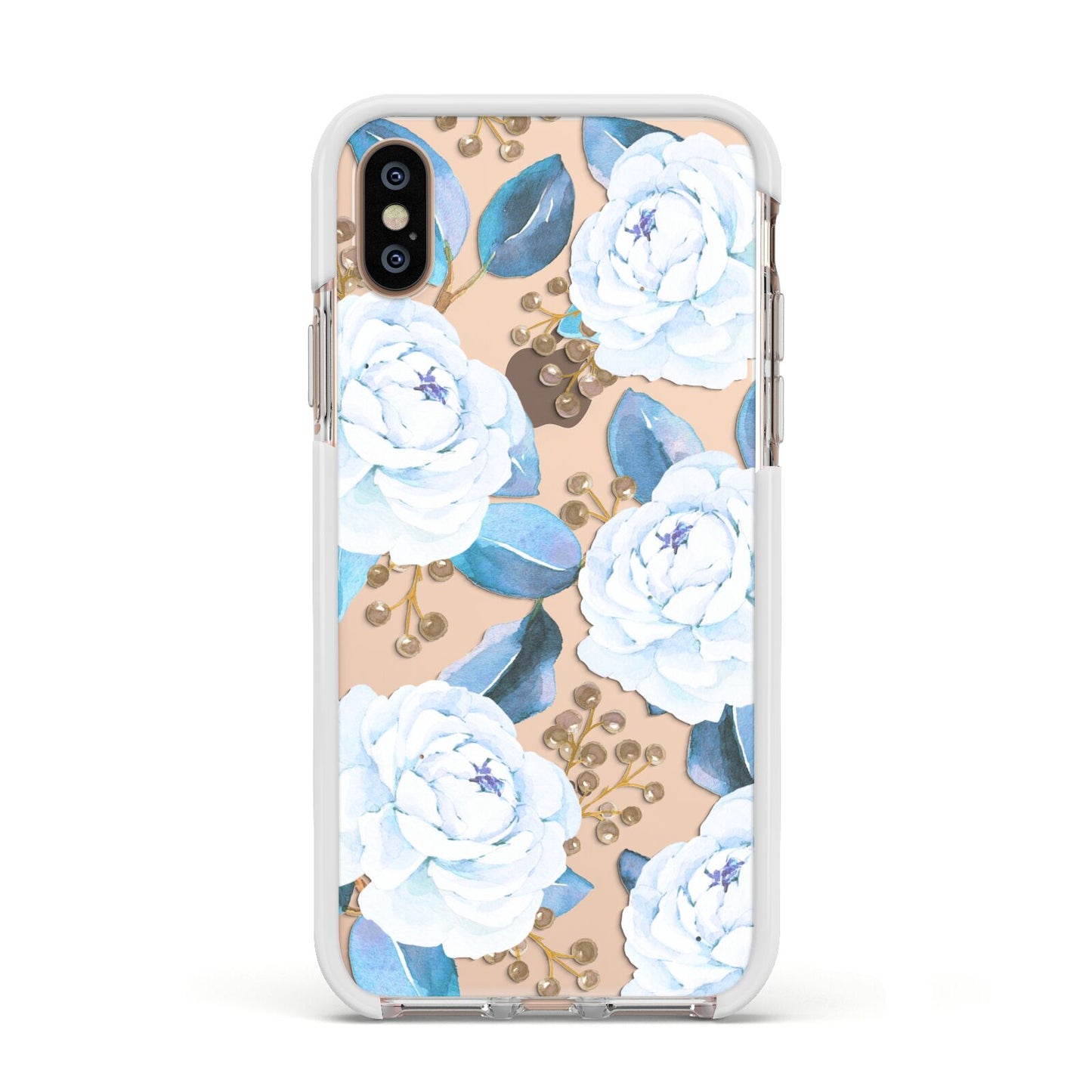 White Peonies Apple iPhone Xs Impact Case White Edge on Gold Phone