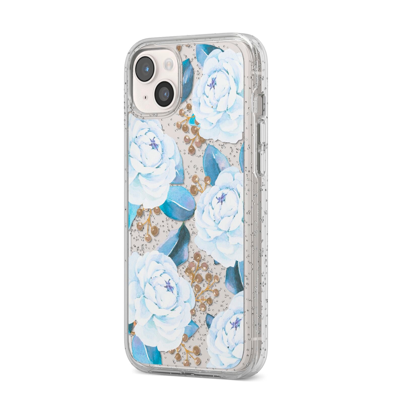 White Peonies iPhone 14 Plus Glitter Tough Case Starlight Angled Image