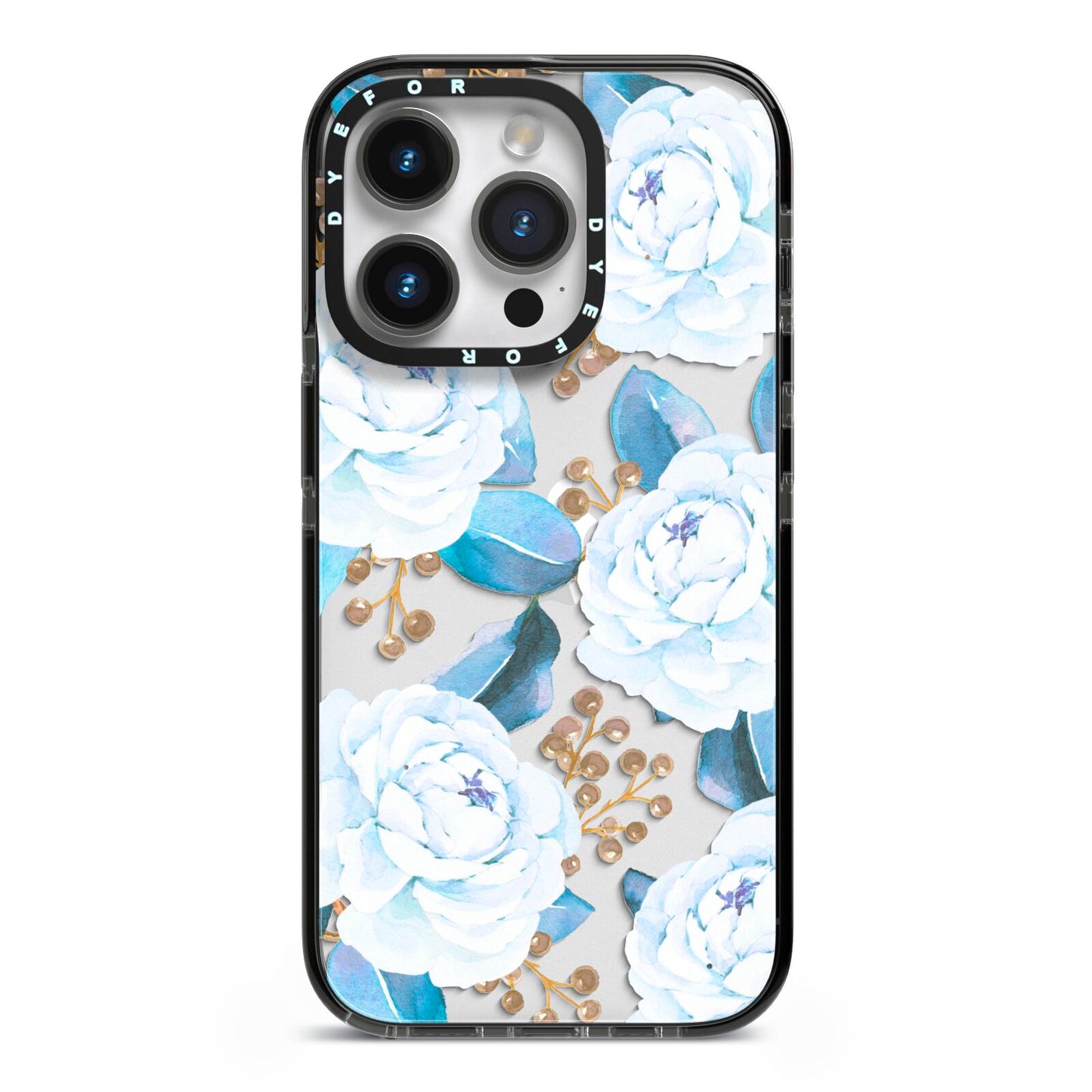 White Peonies iPhone 14 Pro Black Impact Case on Silver phone