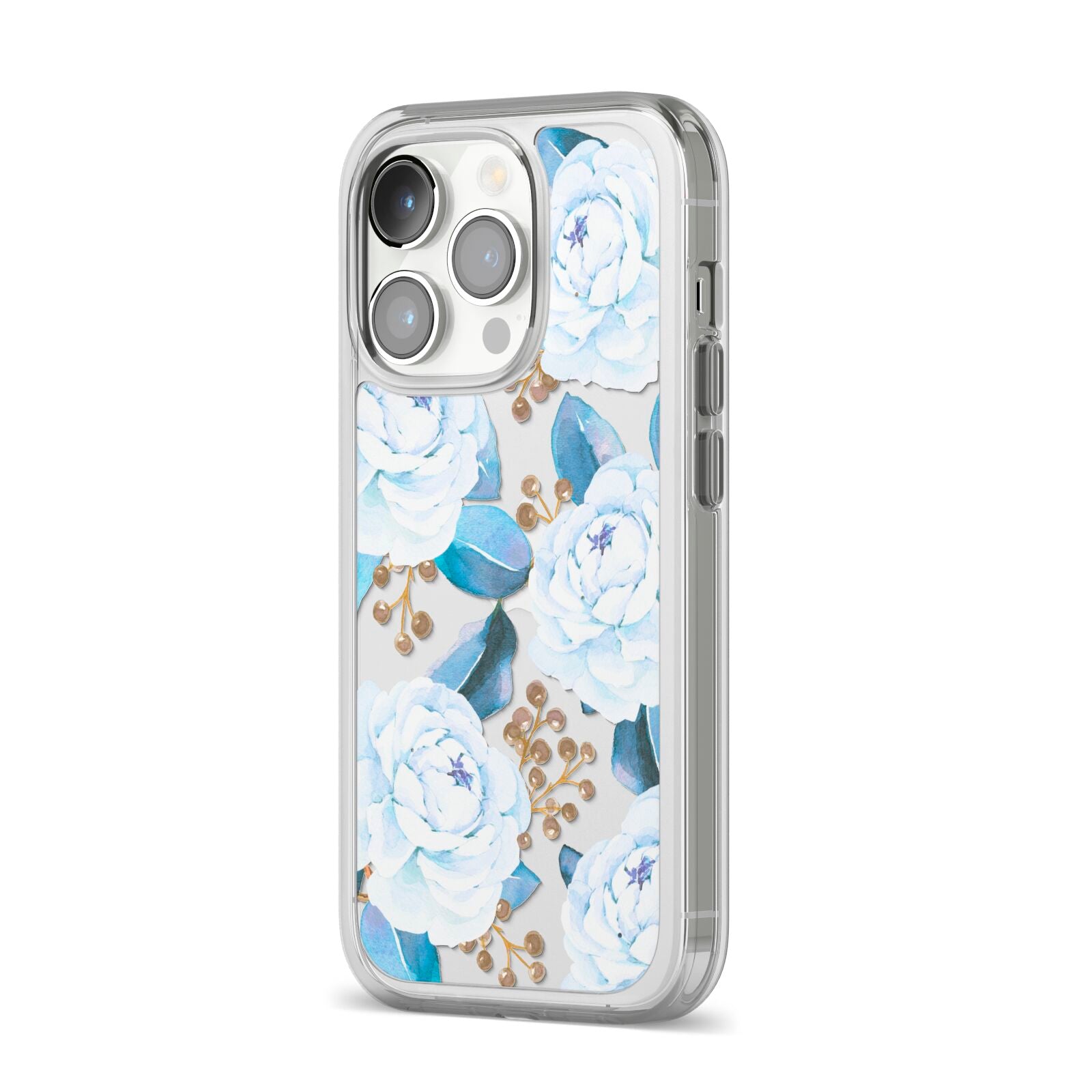 White Peonies iPhone 14 Pro Clear Tough Case Silver Angled Image