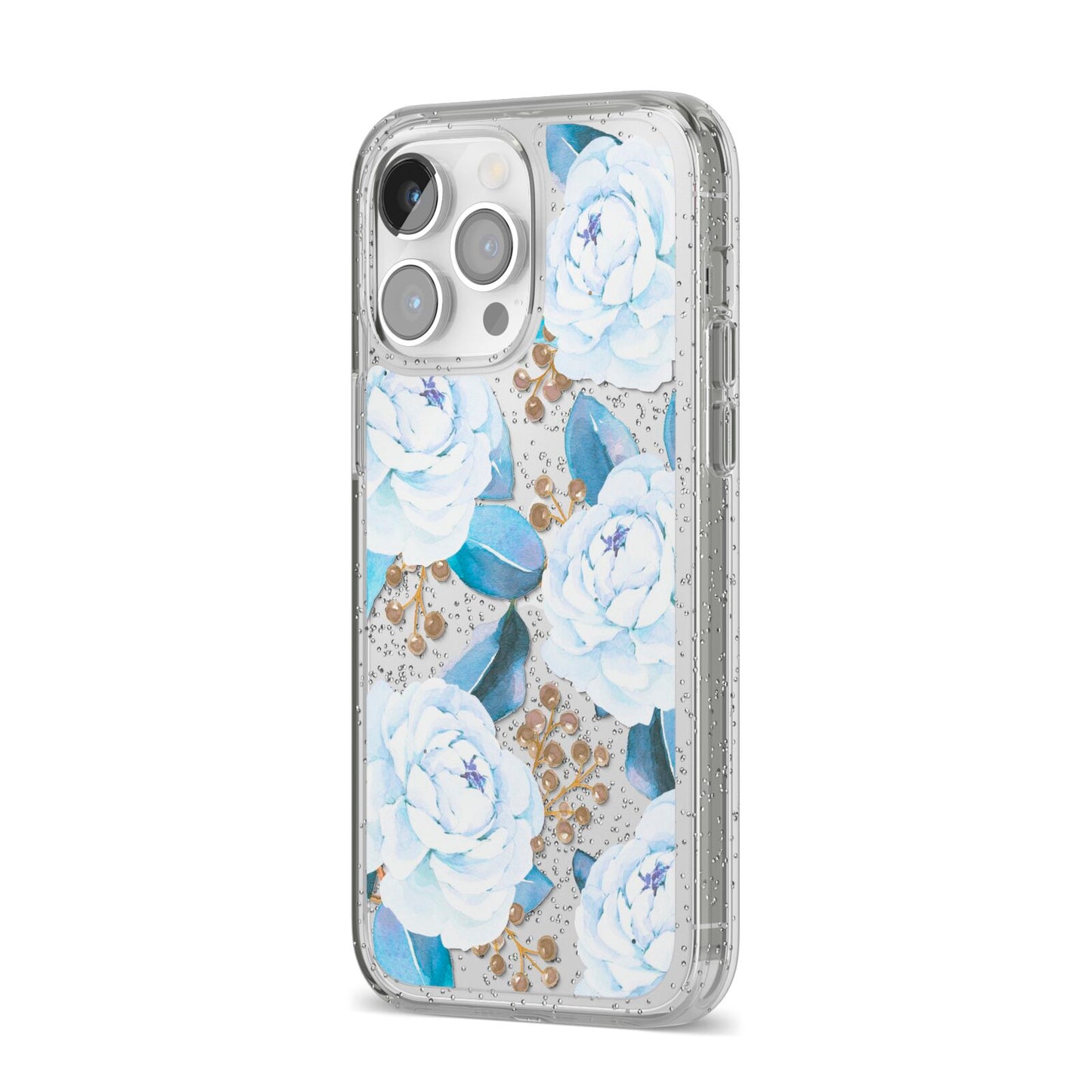 White Peonies iPhone 14 Pro Max Glitter Tough Case Silver Angled Image