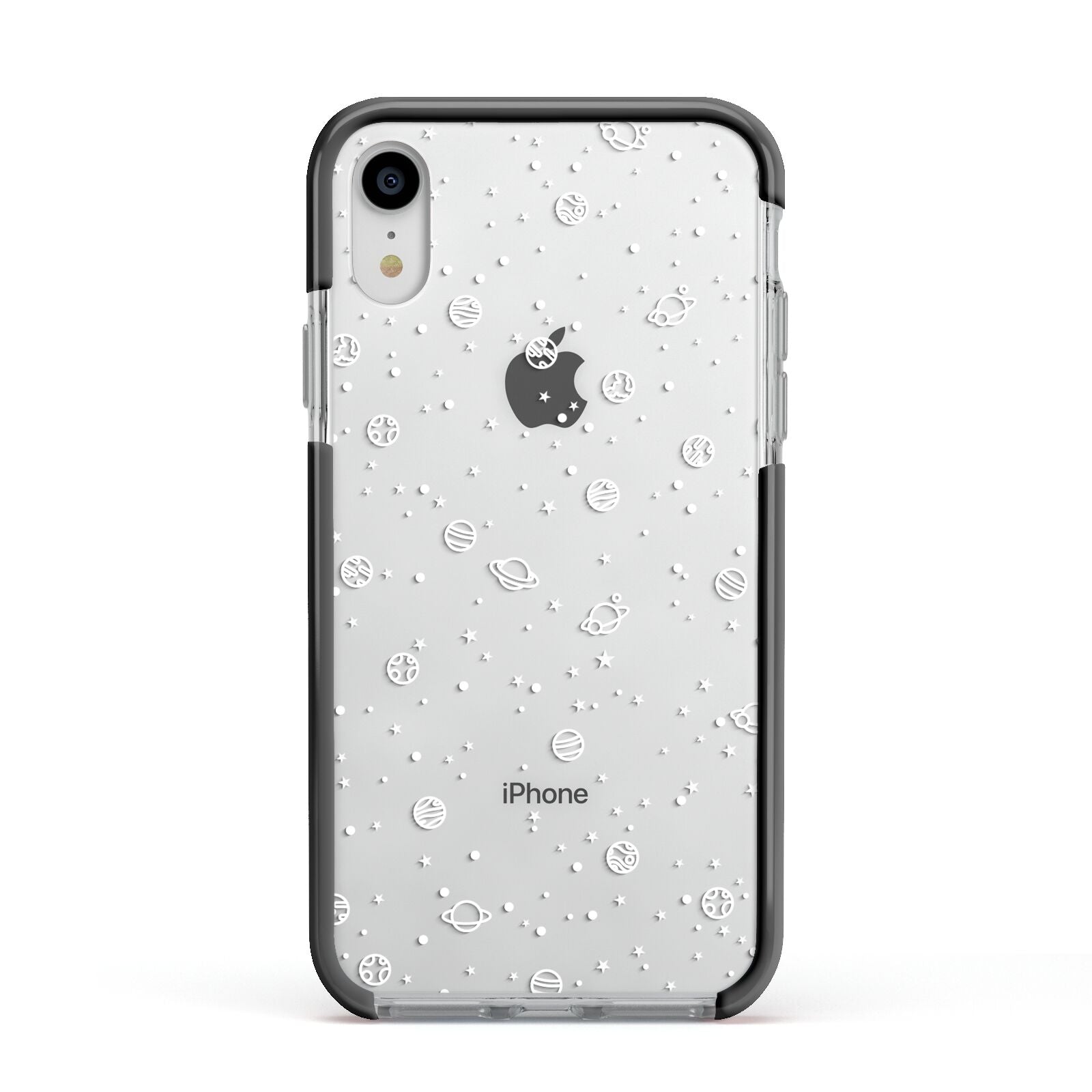 White Planets Apple iPhone XR Impact Case Black Edge on Silver Phone