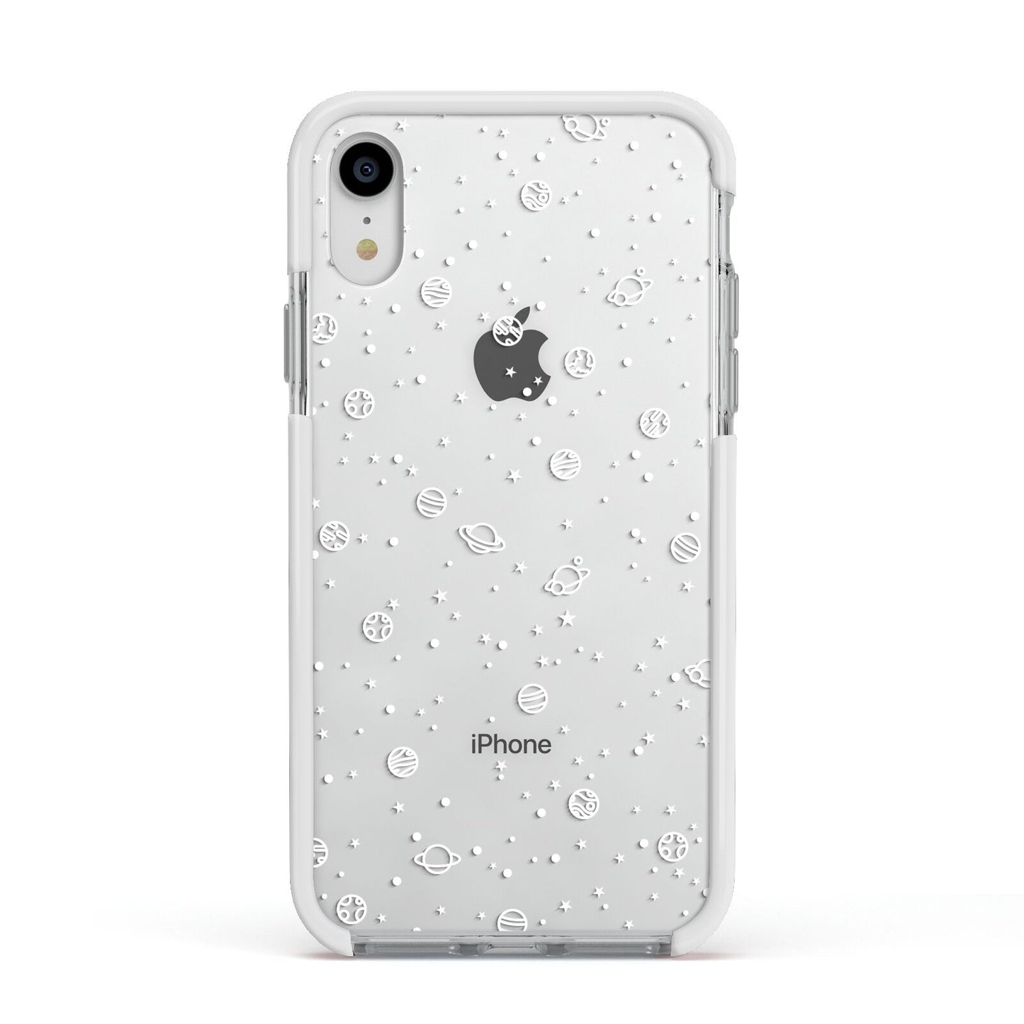 White Planets Apple iPhone XR Impact Case White Edge on Silver Phone