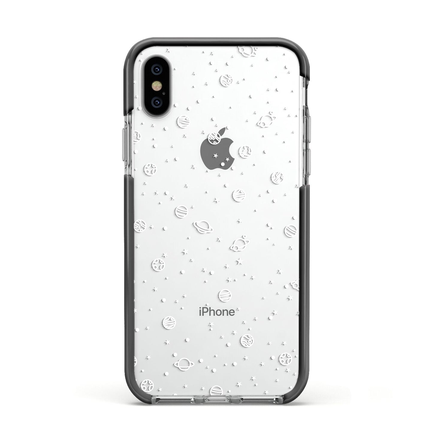 White Planets Apple iPhone Xs Impact Case Black Edge on Silver Phone