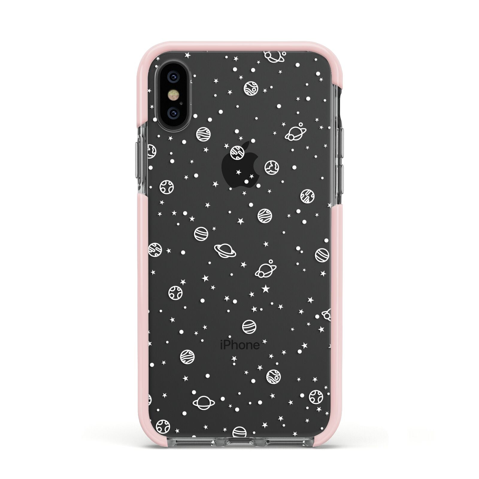 White Planets Apple iPhone Xs Impact Case Pink Edge on Black Phone