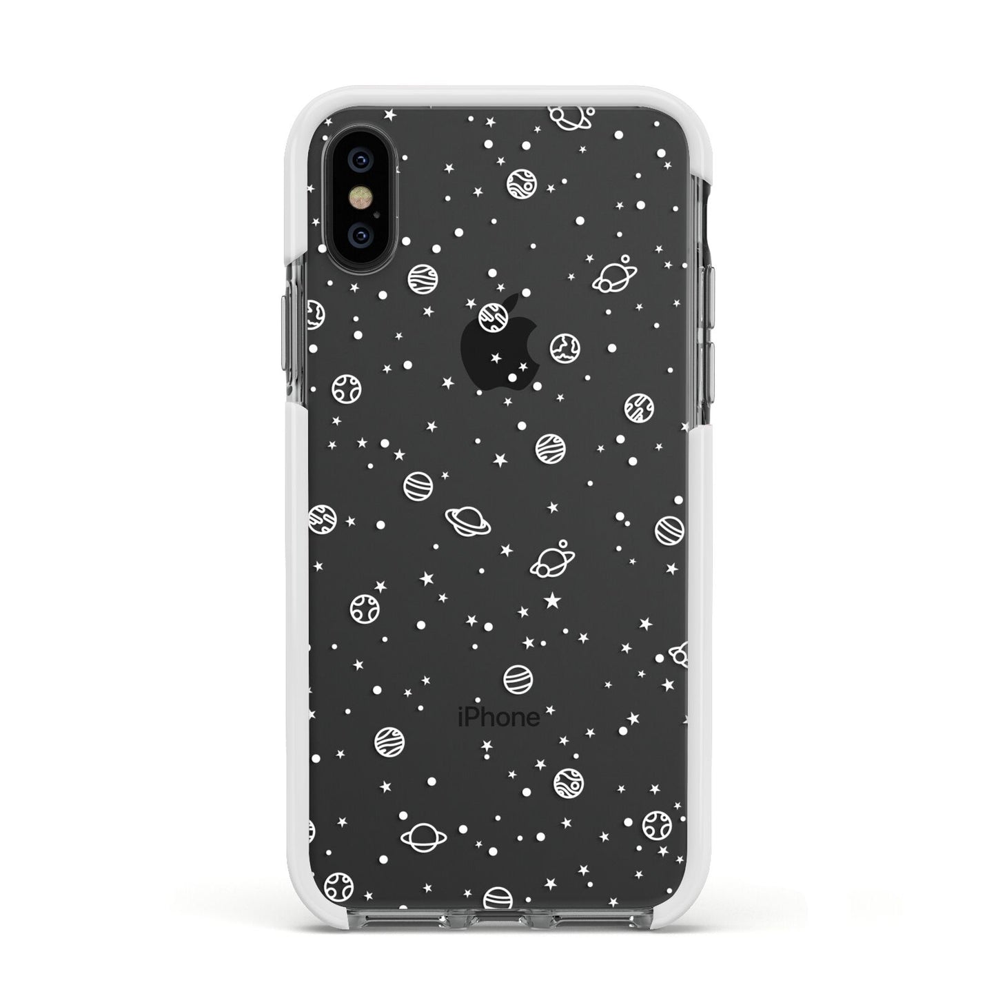 White Planets Apple iPhone Xs Impact Case White Edge on Black Phone