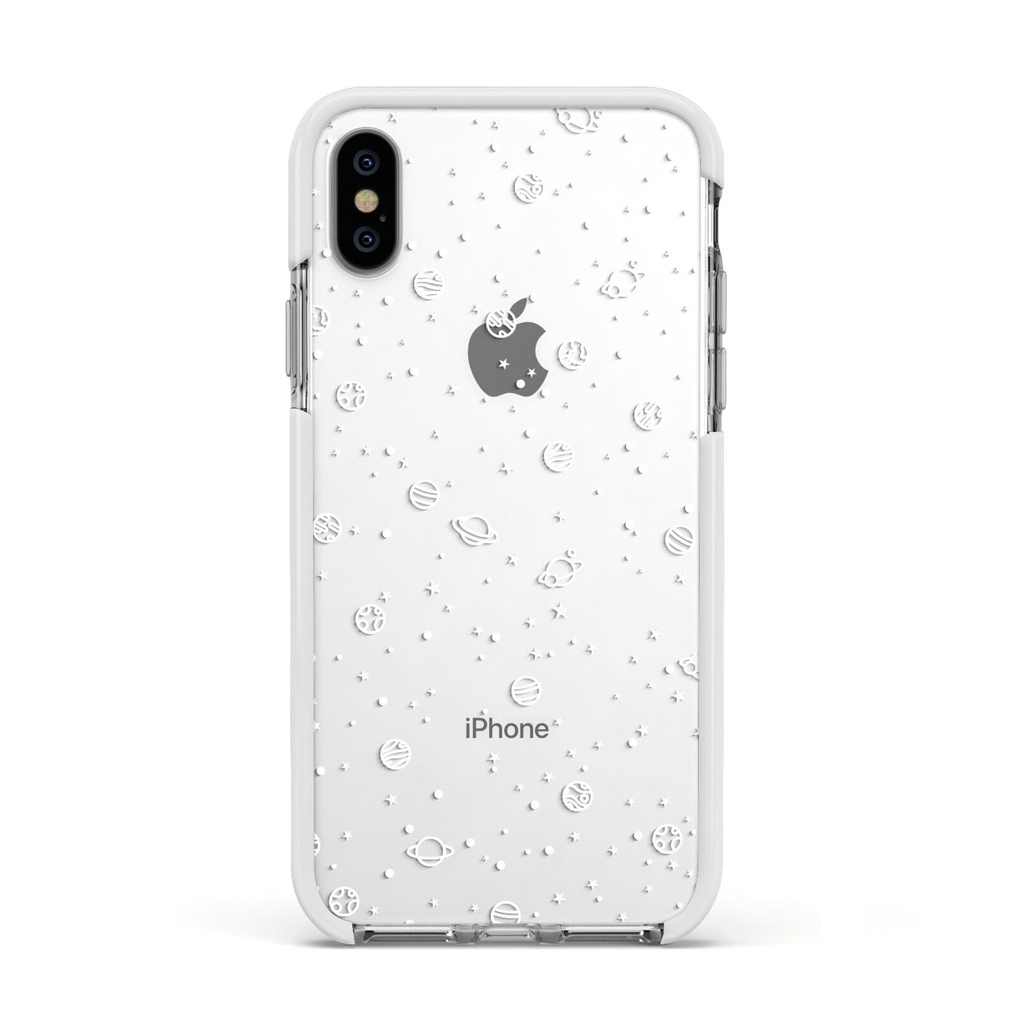 White Planets Apple iPhone Xs Impact Case White Edge on Silver Phone