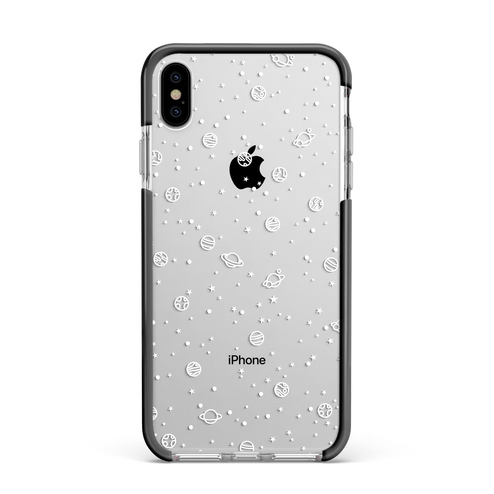 White Planets Apple iPhone Xs Max Impact Case Black Edge on Silver Phone