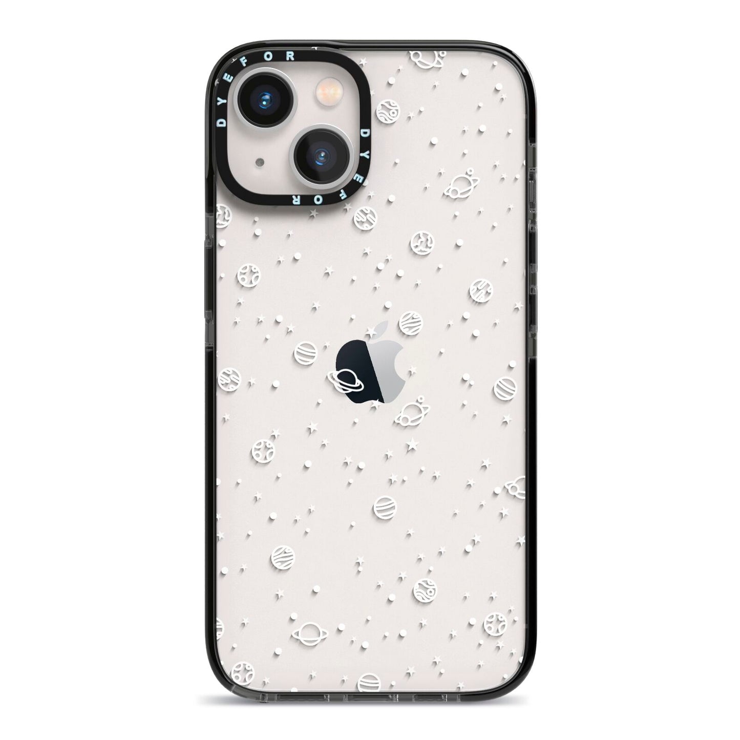 White Planets iPhone 13 Black Impact Case on Silver phone