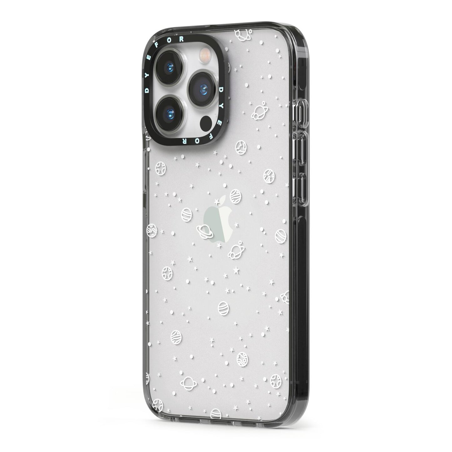 White Planets iPhone 13 Pro Black Impact Case Side Angle on Silver phone