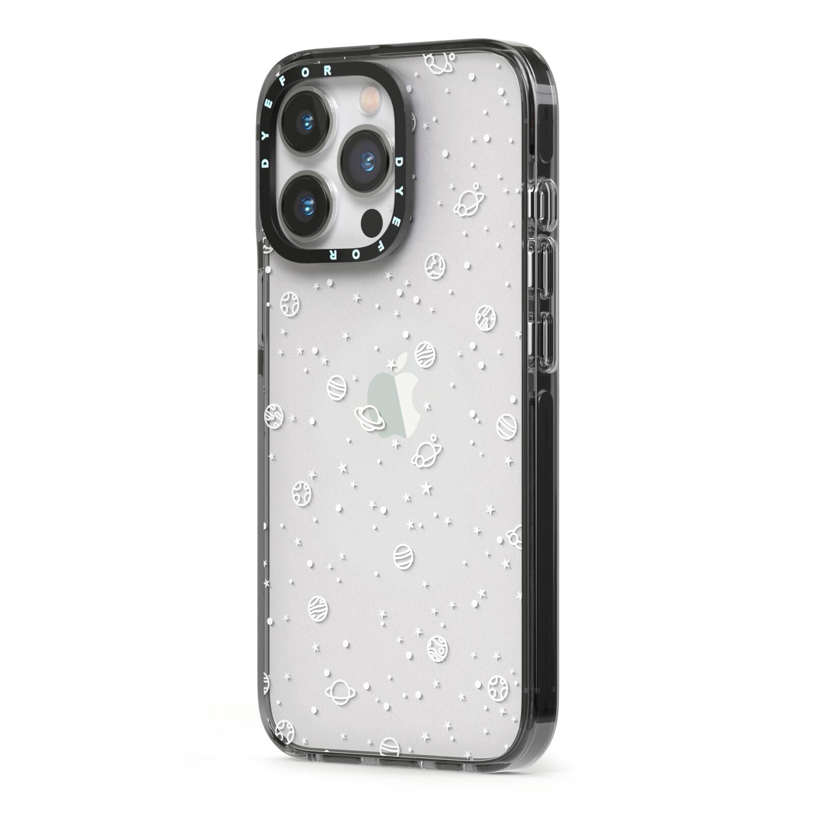 White Planets iPhone 13 Pro Black Impact Case Side Angle on Silver phone